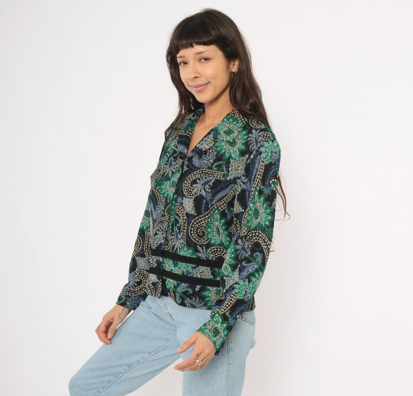 90s K Petite Paisley Blazer Emerald Green Navy Velvet Trim Cropped Large L