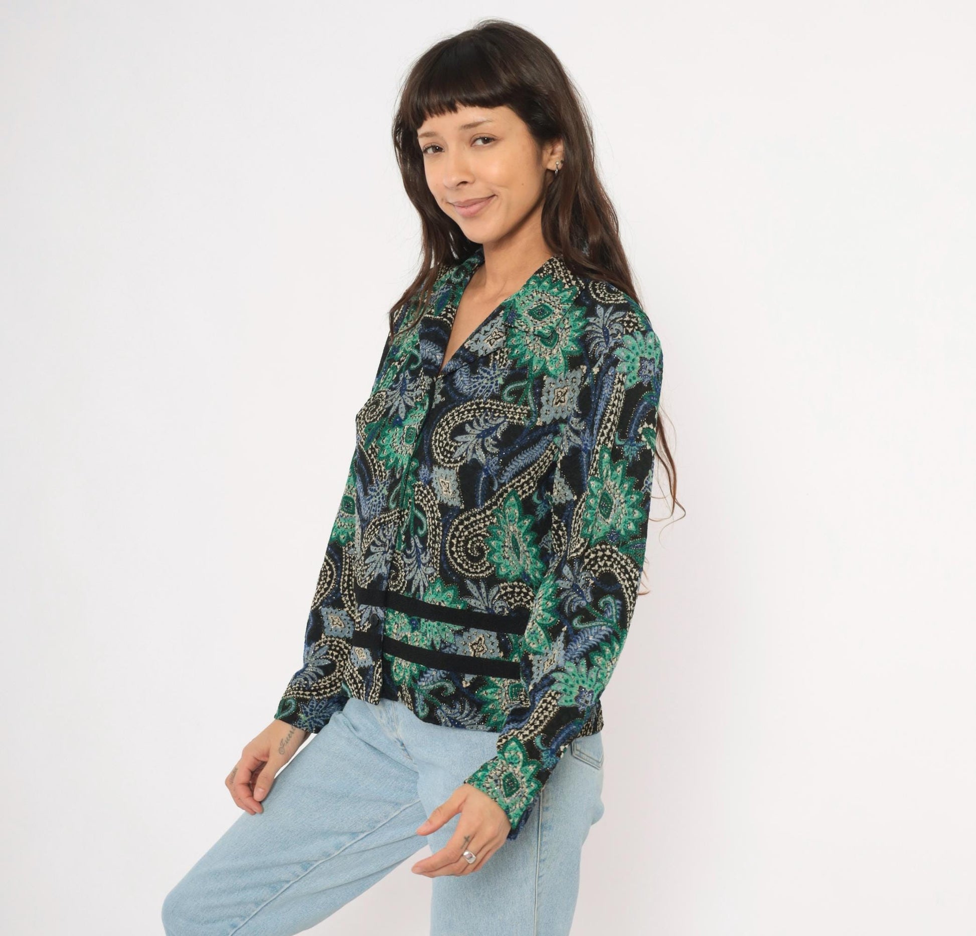 90s K Petite Paisley Blazer Emerald Green Navy Velvet Trim Cropped Large L