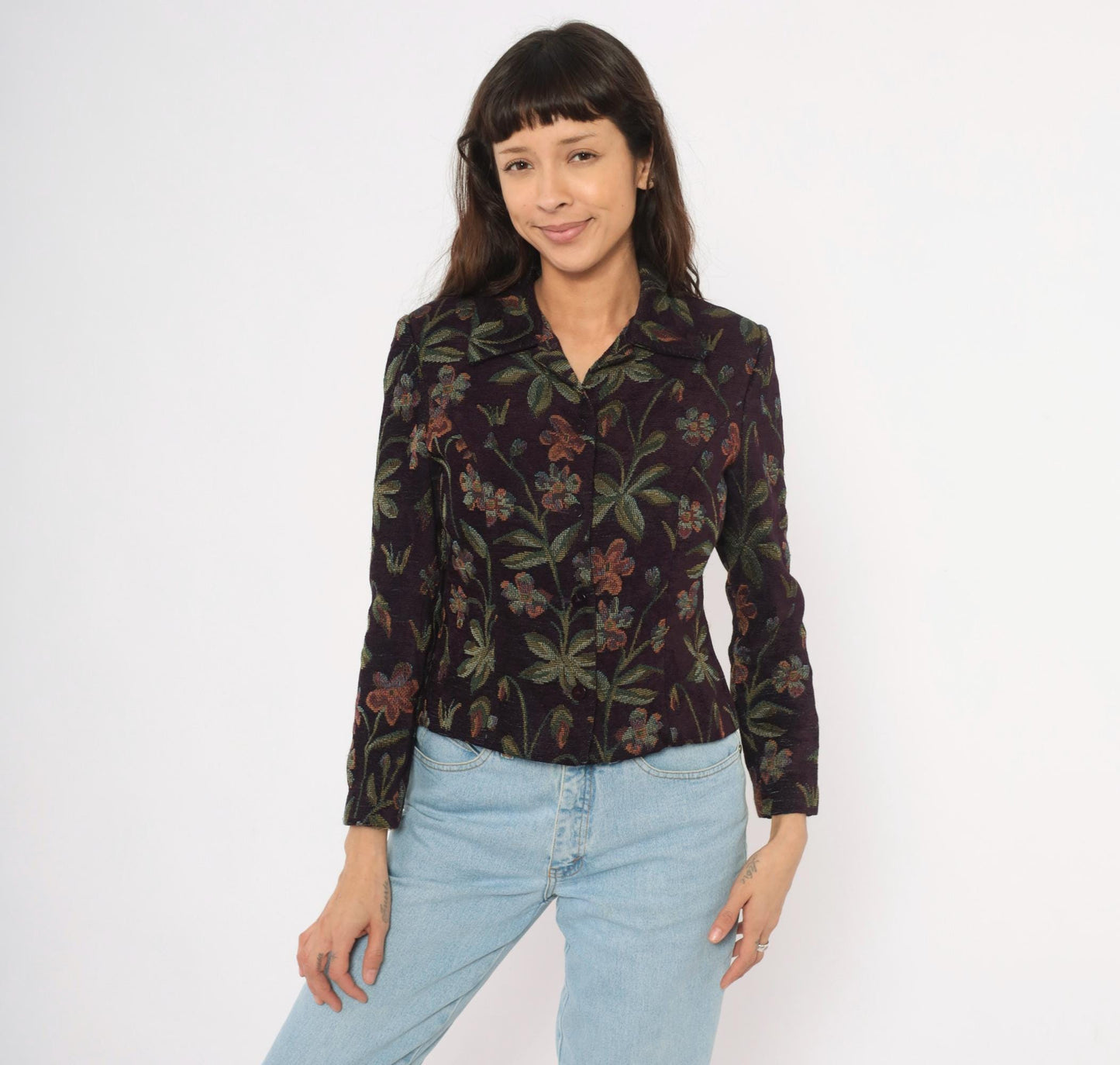 90s Jessica Howard Floral Tapestry Blazer Plum Botanical Woven Cropped Small S