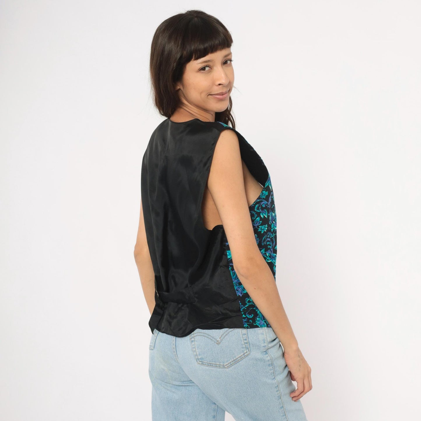 90s Floral Waistcoat Black Teal Purple Baroque Button Front Satin Back Medium M