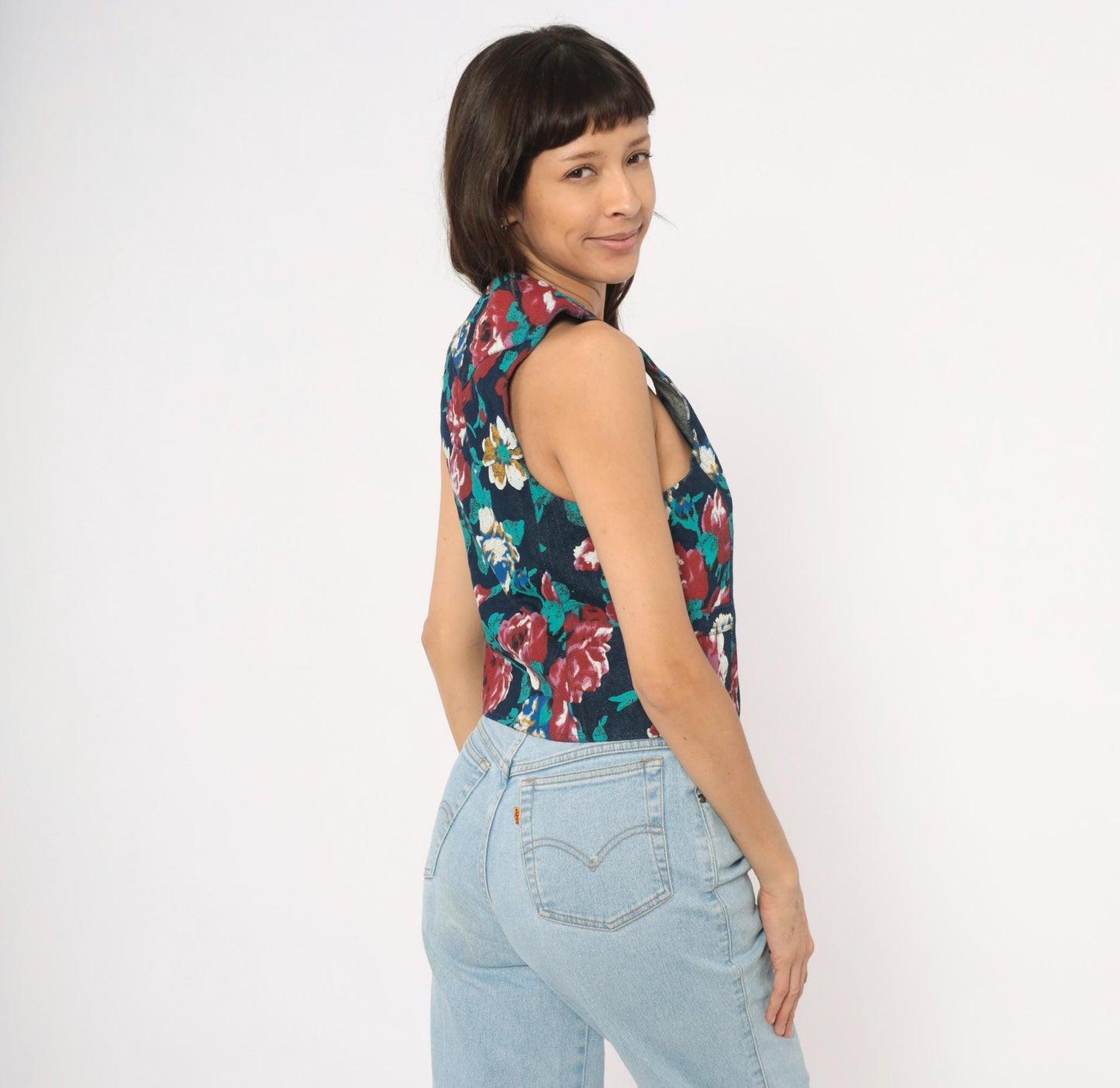 90s Tru-West Floral Denim Vest Navy Rose Teal V-Neck Pointed Hem Extra Small XS