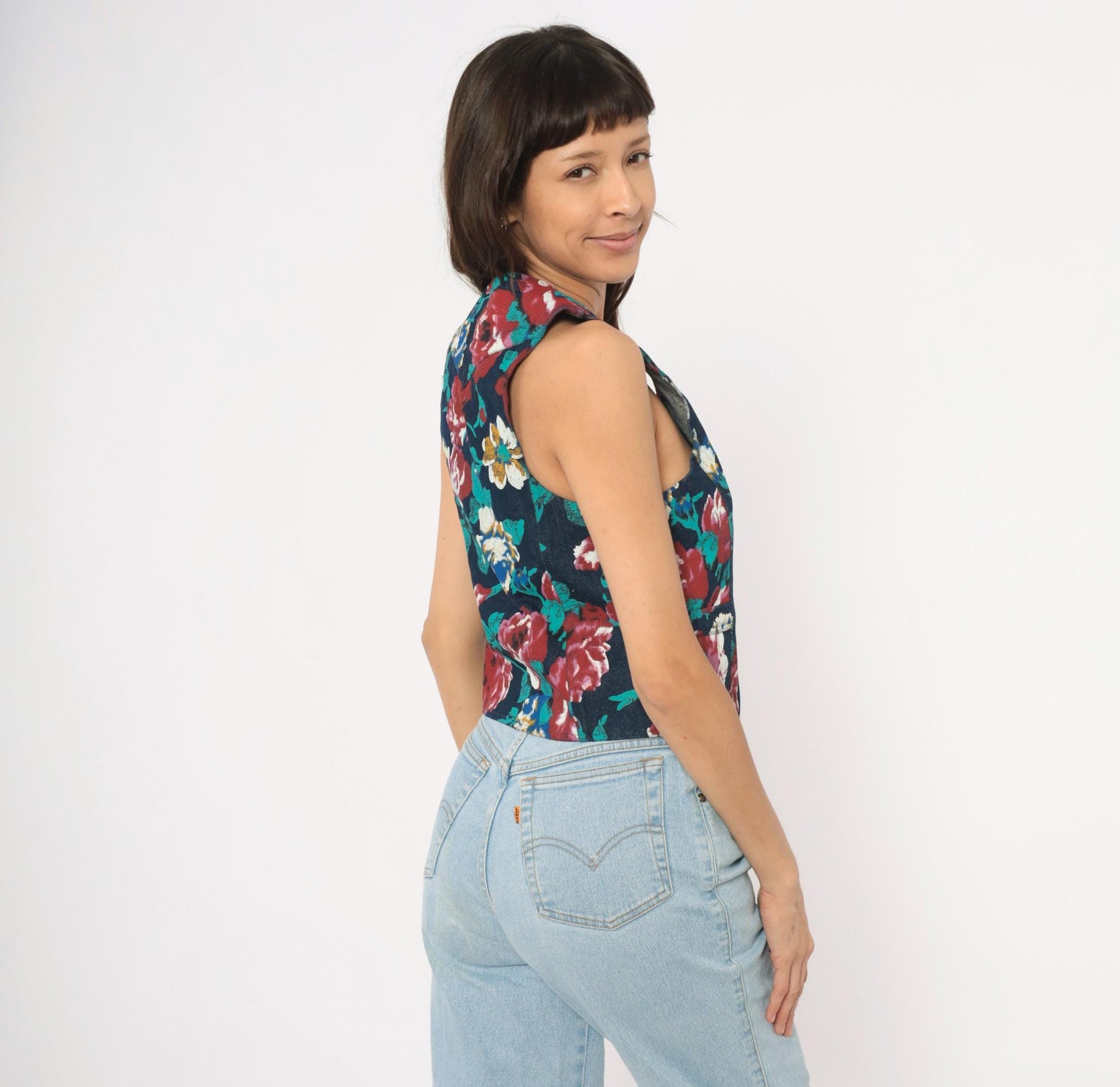 90s Tru-West Floral Denim Vest Navy Rose Teal V-Neck Pointed Hem Extra Small XS