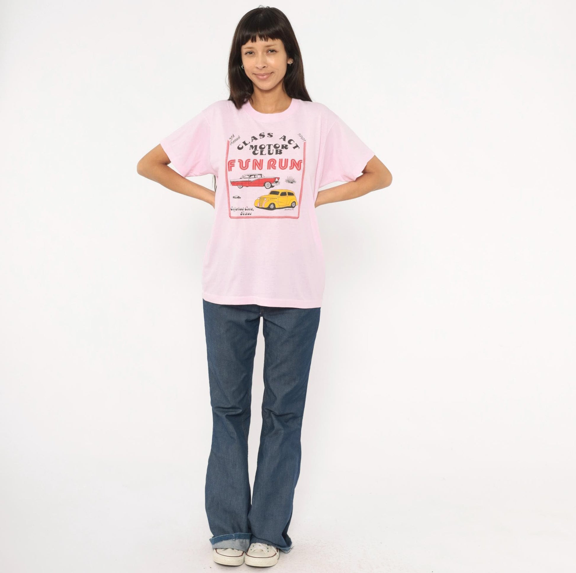 80s Screen Stars Class Act Motor Club Hot Rod Tee Pink Graphic XL