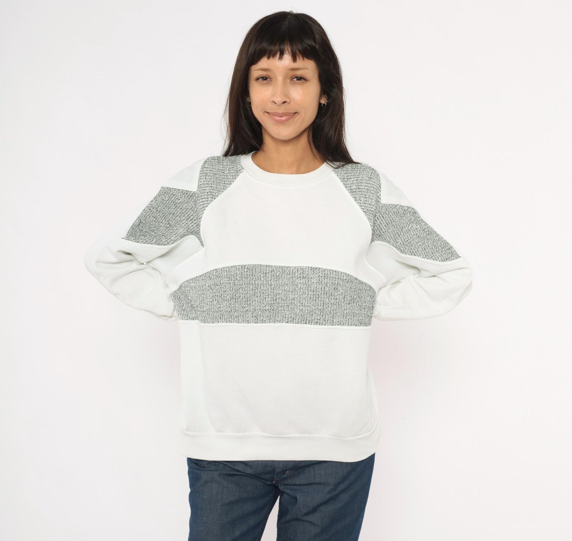 90s Fashion Force Color Block Sweatshirt White Grey Marled Raglan Large L