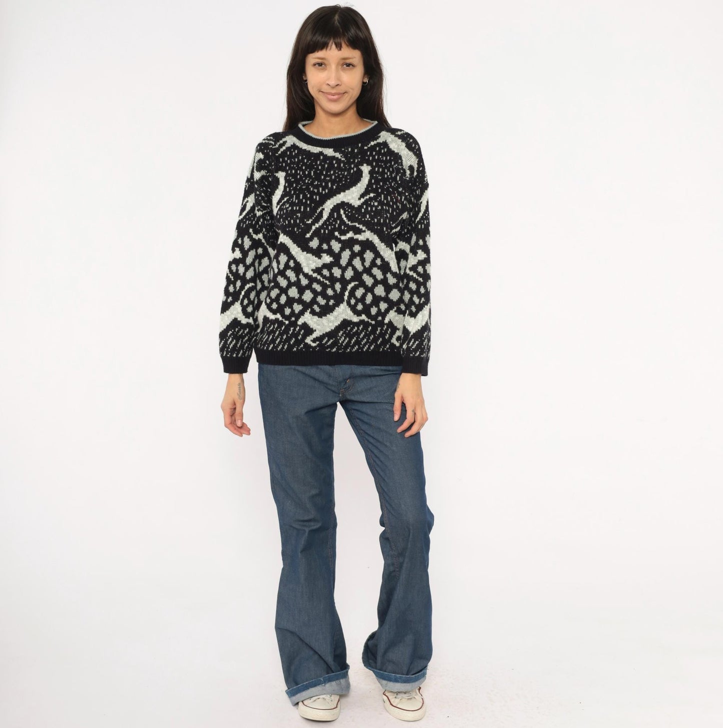 90s Arielle Greyhound Jacquard Knit Sweater Black Ivory Crewneck Large L