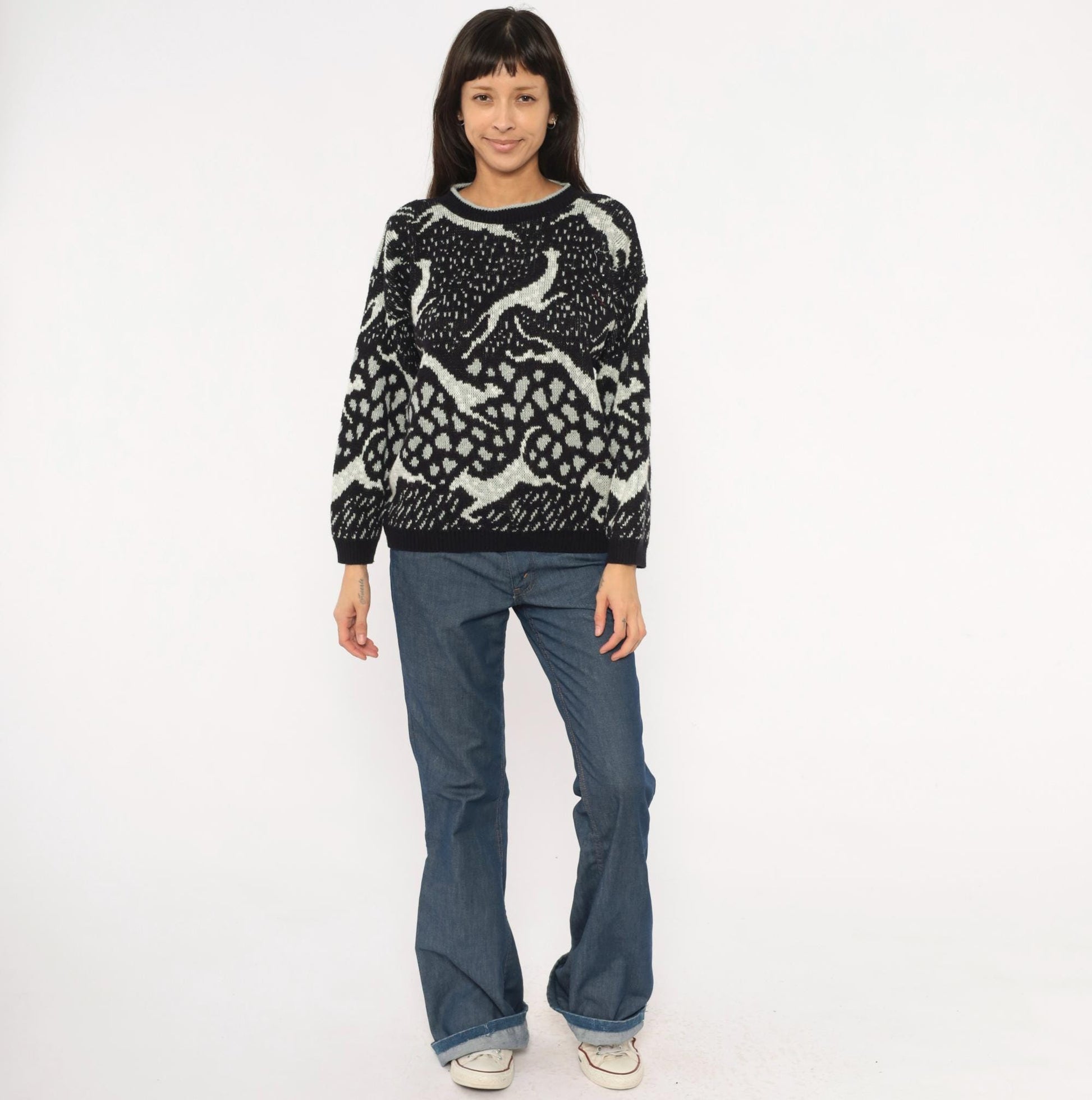 90s Arielle Greyhound Jacquard Knit Sweater Black Ivory Crewneck Large L