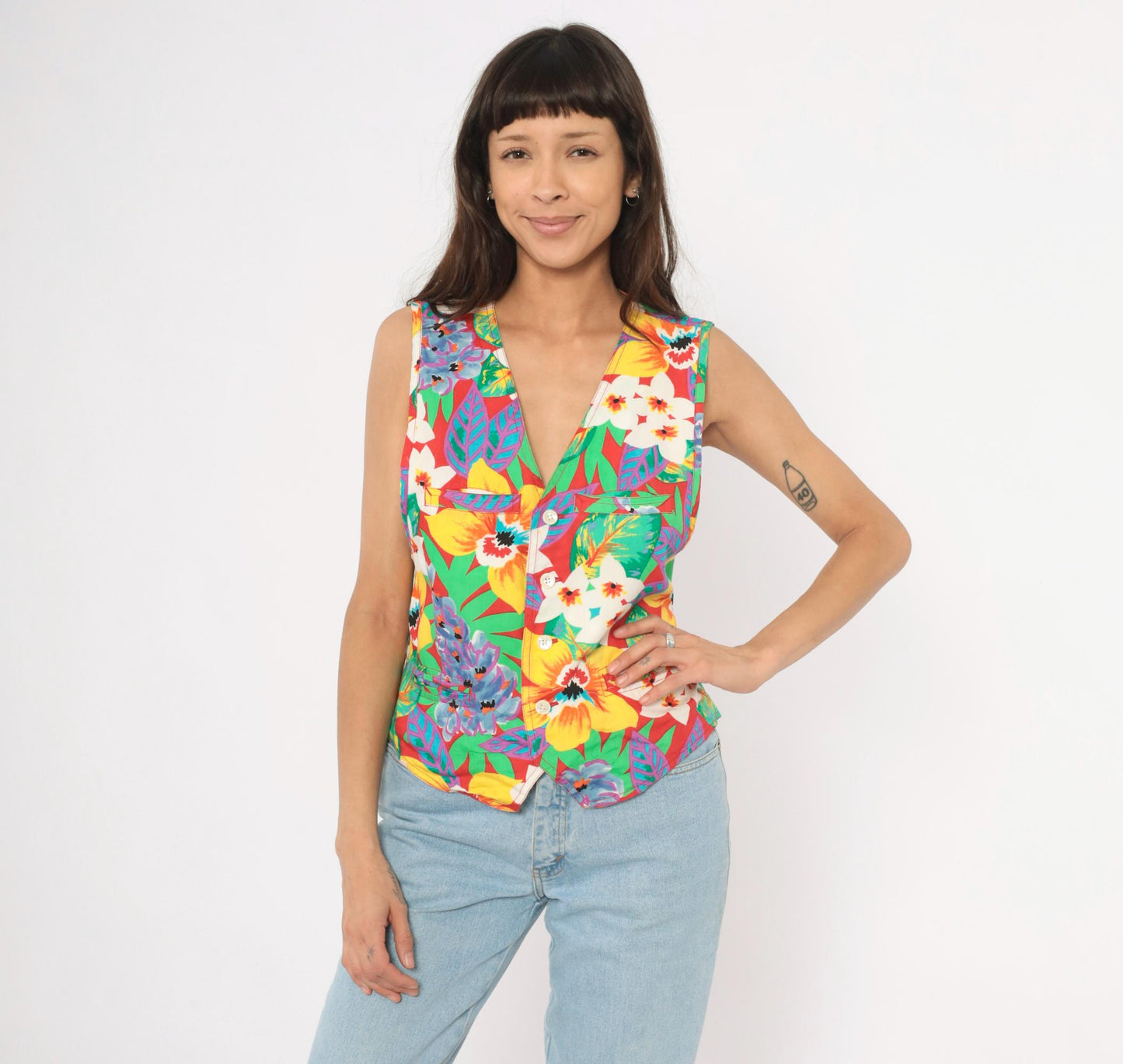 90s Lizwear Tropical Floral Vest Red Hibiscus Button Front V-Neck Medium M