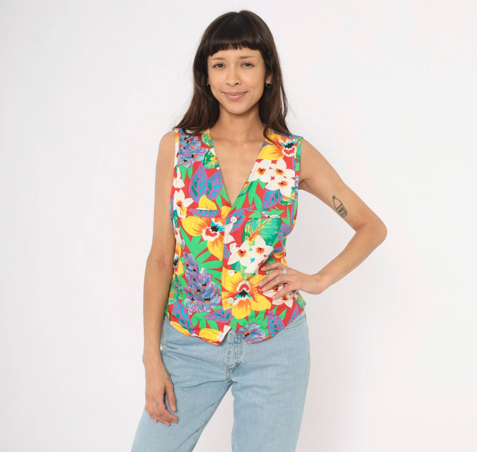 90s Lizwear Tropical Floral Vest Red Hibiscus Button Front V-Neck Medium M