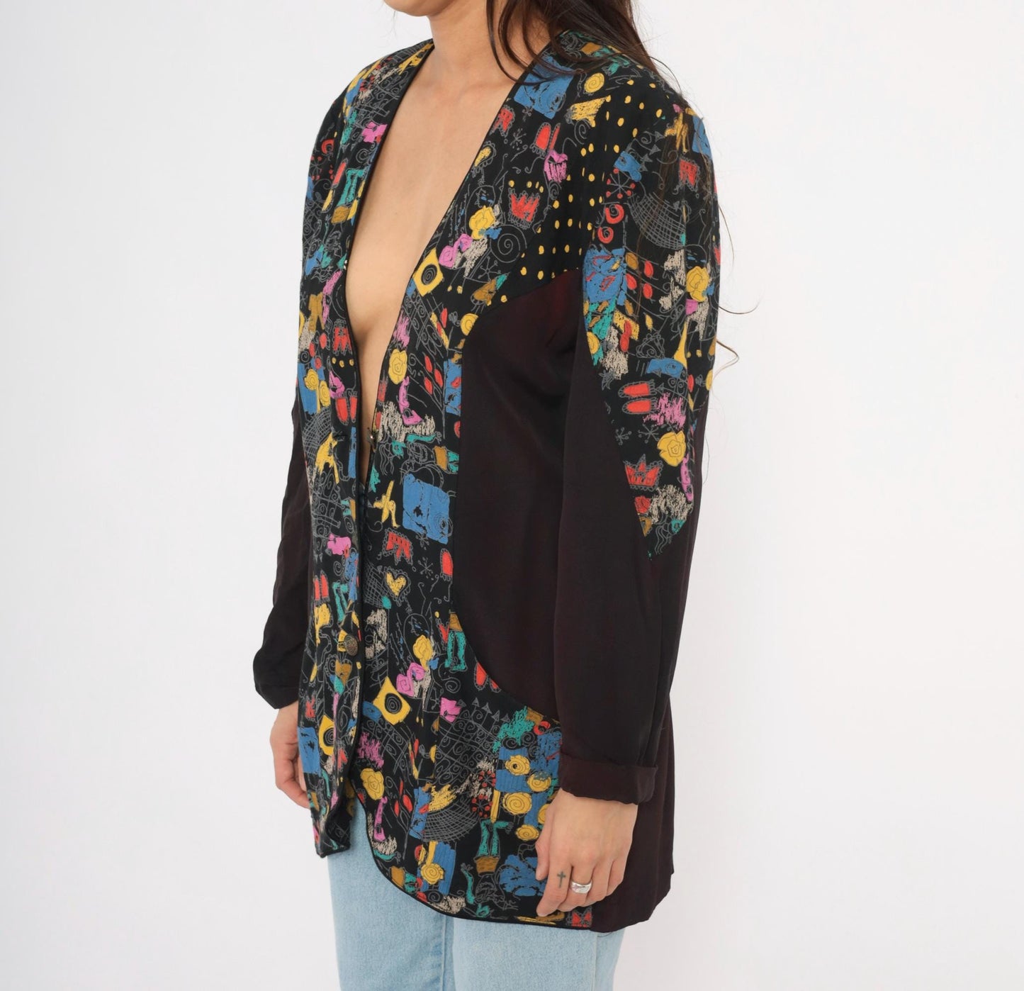 90s Choon Abstract Graffiti Blazer Deep V Black Multicolor Print Medium Large