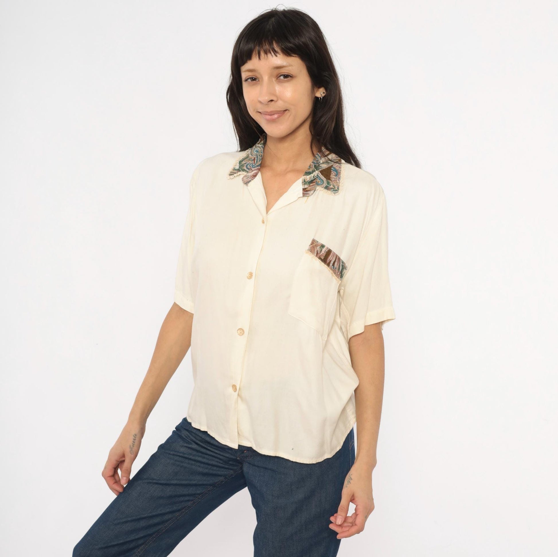 90s Giselle Paisley Collar Blouse Cream Lace Trim Short Sleeve Medium M