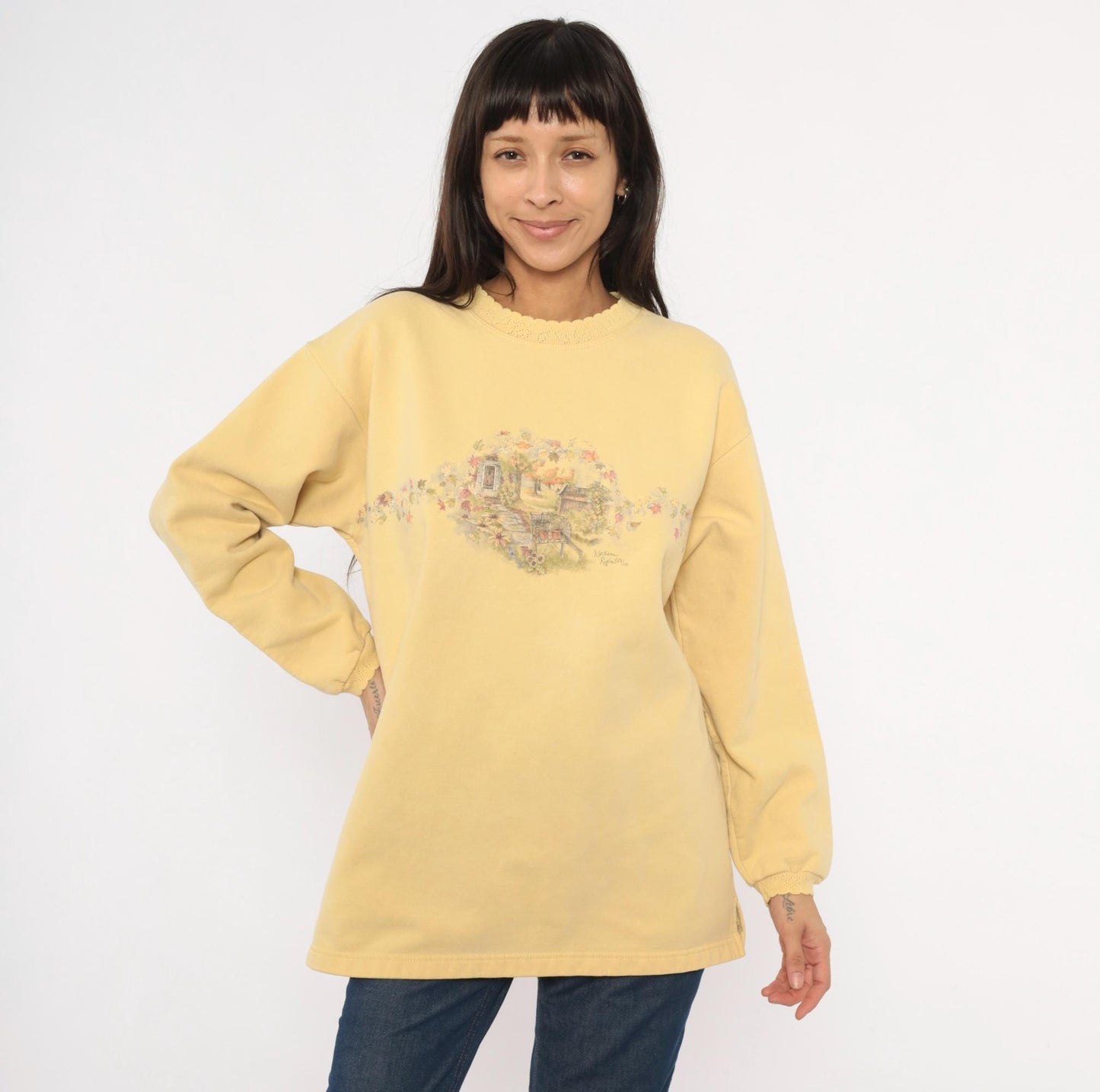 90s Northern Reflections Butter Yellow Garden Scene Sweatshirt Cotton Large L