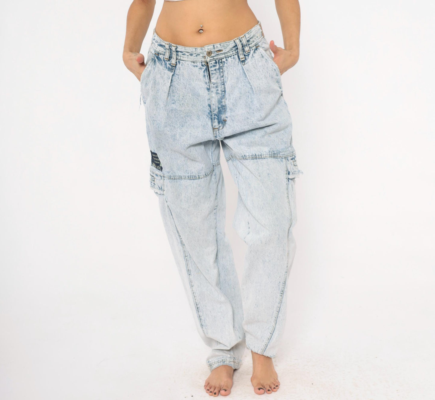 80s Bugle Boy Acid Wash Cargo Jeans Light Blue High Rise 33L