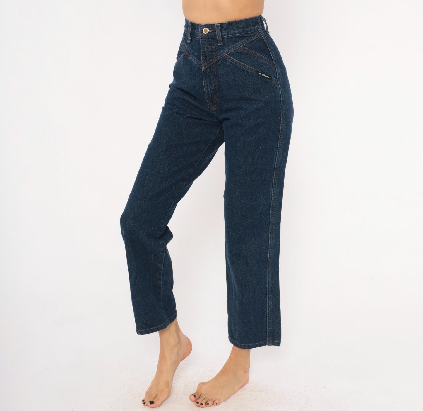 90s Rockies High Waisted Dark Wash Denim Mom Jeans Navy Tapered Leg Extra Small XS