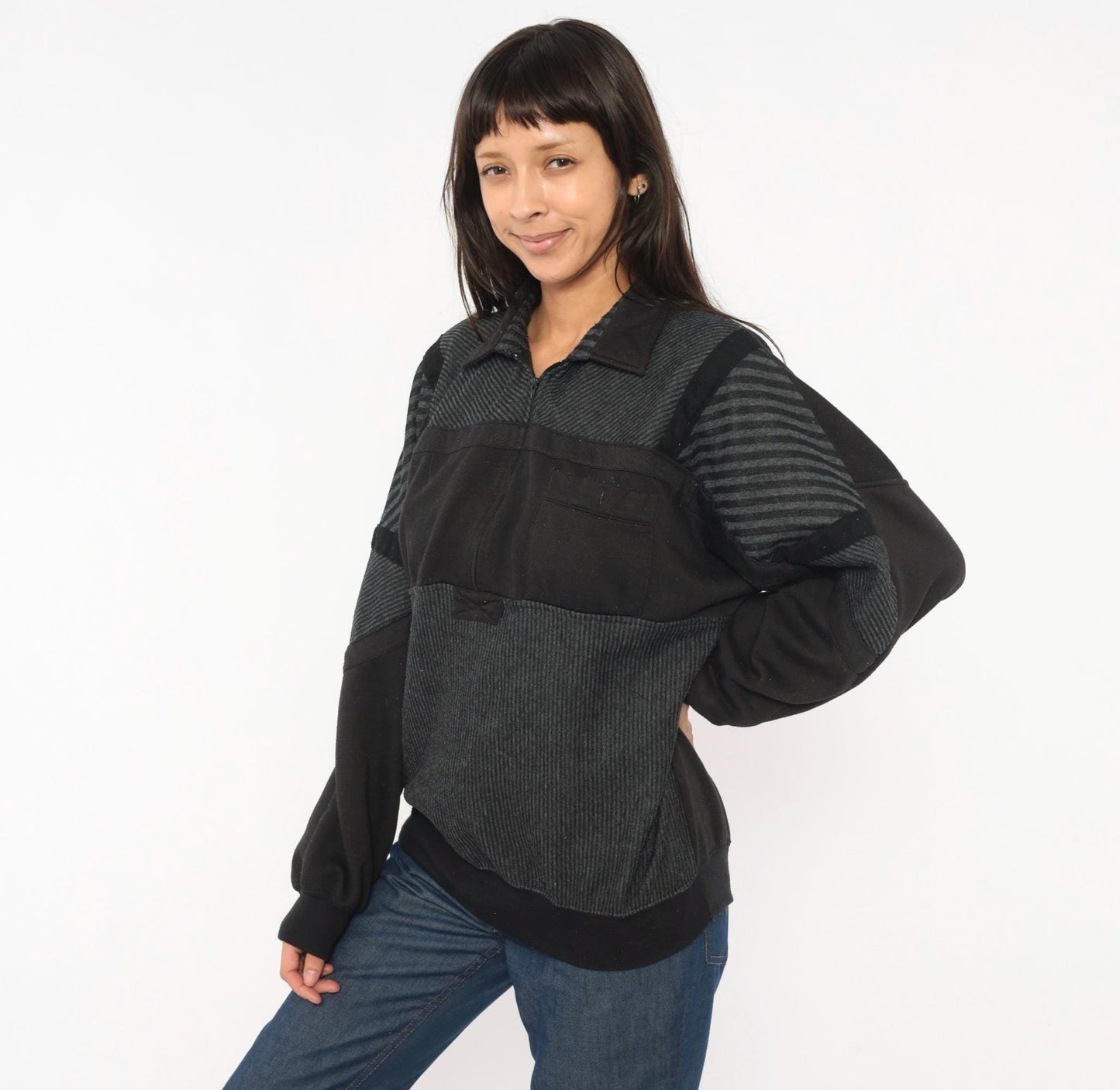 90s Alexxus Half-Zip Pullover Black Grey Patchwork Colorblock Sweatshirt Extra Large