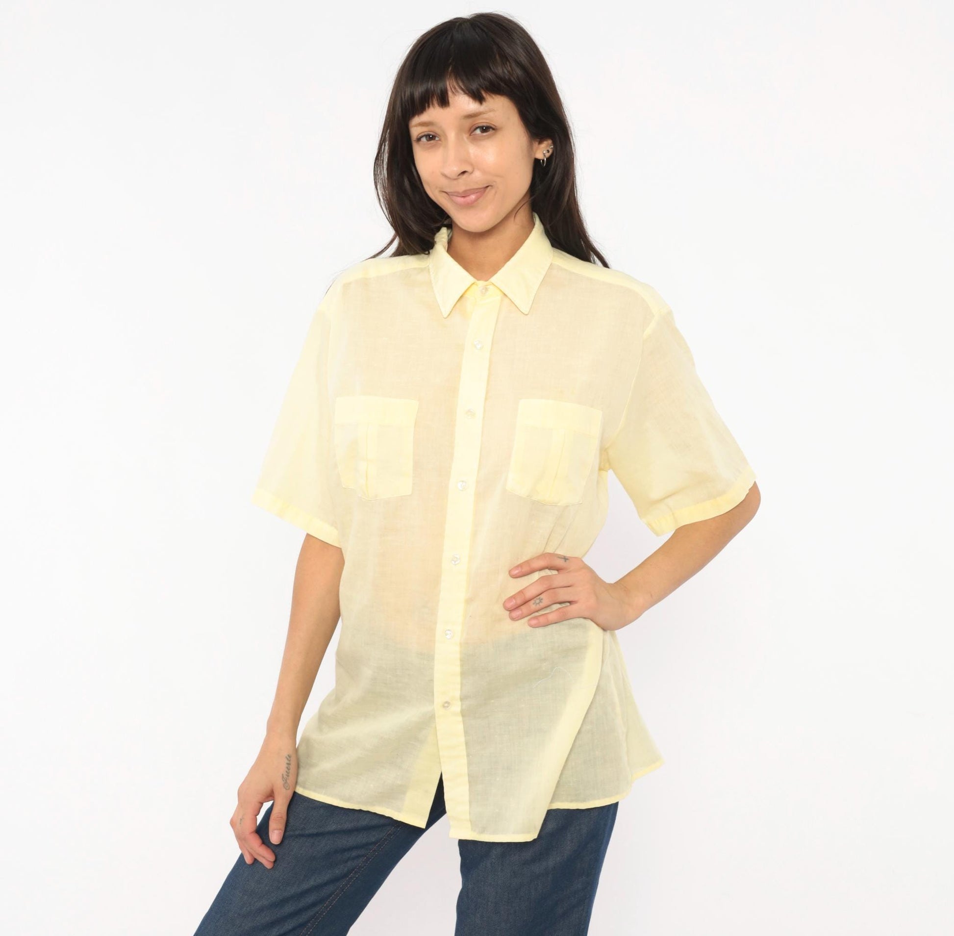 70s Arrow Pale Yellow Camp Collar Shirt Short Sleeve Pointed Chest Pockets Medium