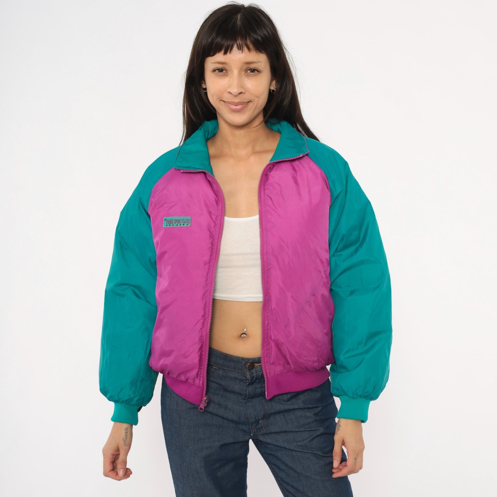 90s Paris Sport Club Reversible Down Puffer Jacket Teal Magenta Medium M