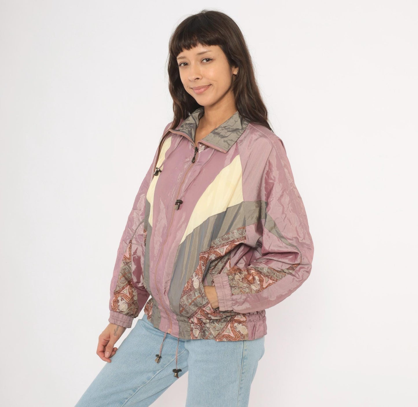 90s Westport Ltd. Colorblock Windbreaker Mauve Grey Cream Paisley Medium M