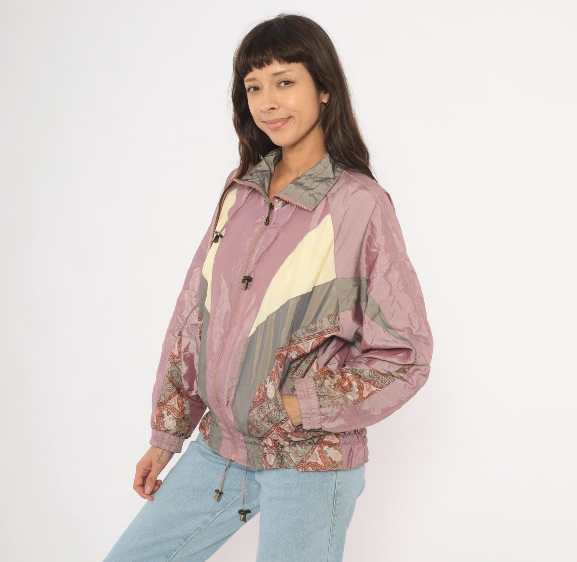 90s Westport Ltd. Colorblock Windbreaker Mauve Grey Cream Paisley Medium M