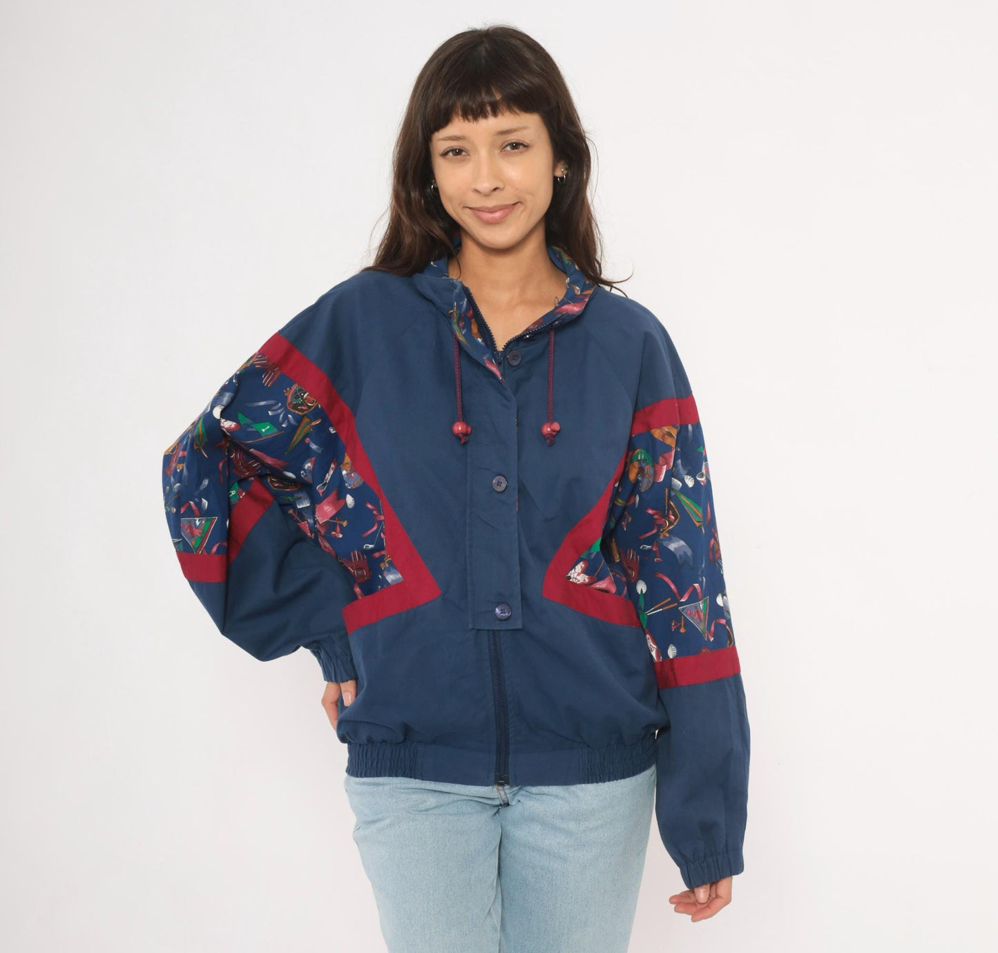 90s Line-Up Golf Print Windbreaker Navy Nylon Jacket Red Color Block Medium