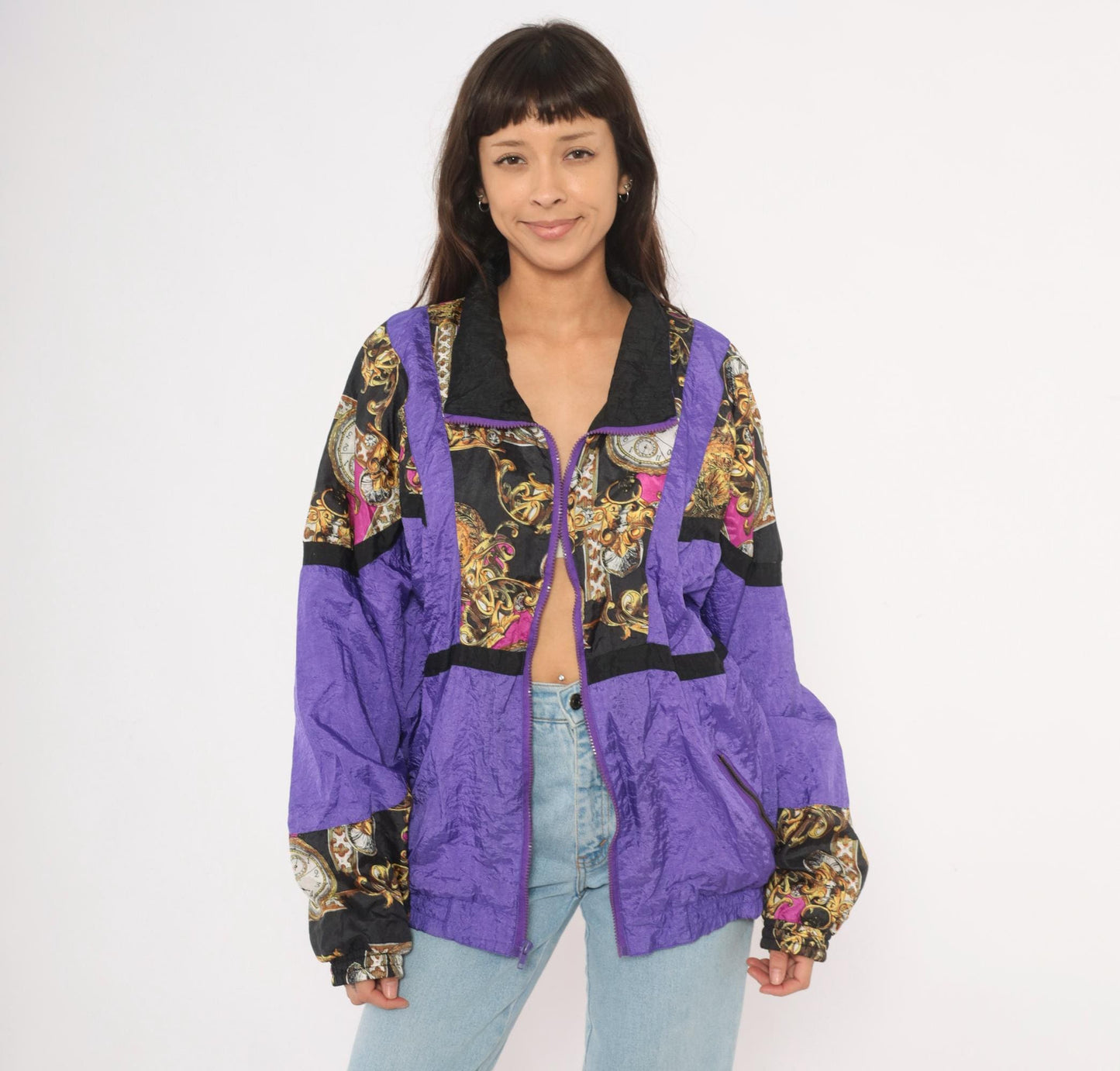 90s Baroque Clock Windbreaker Purple Gold Pocket Watch Shell Jacket Medium