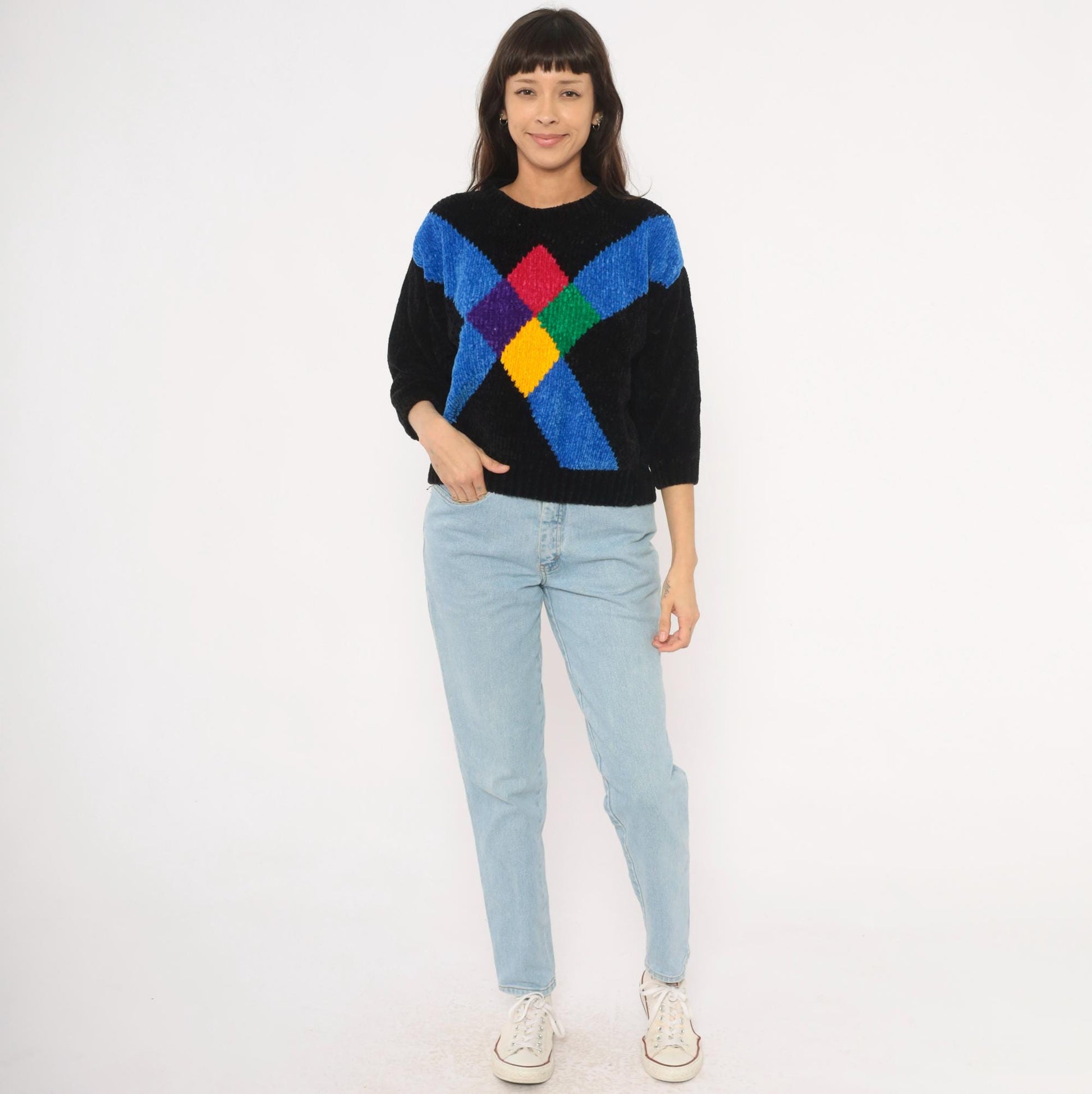 80s Cristina's Argyle Chenille Knit Pullover Black Multicolor Small