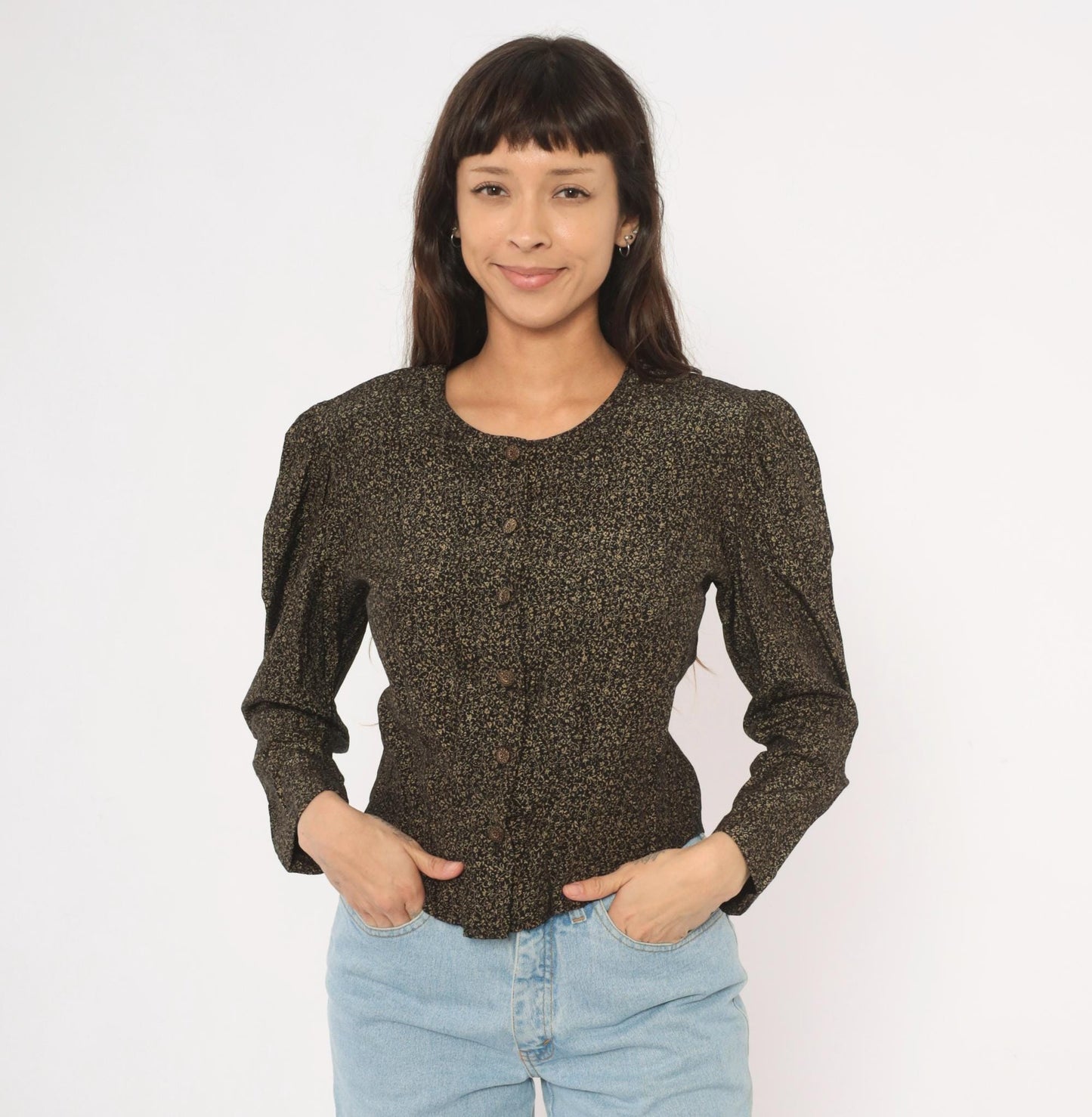 90s Maggie Lawrence Black Gold Ditsy Floral Puff Sleeve Blouse Small S