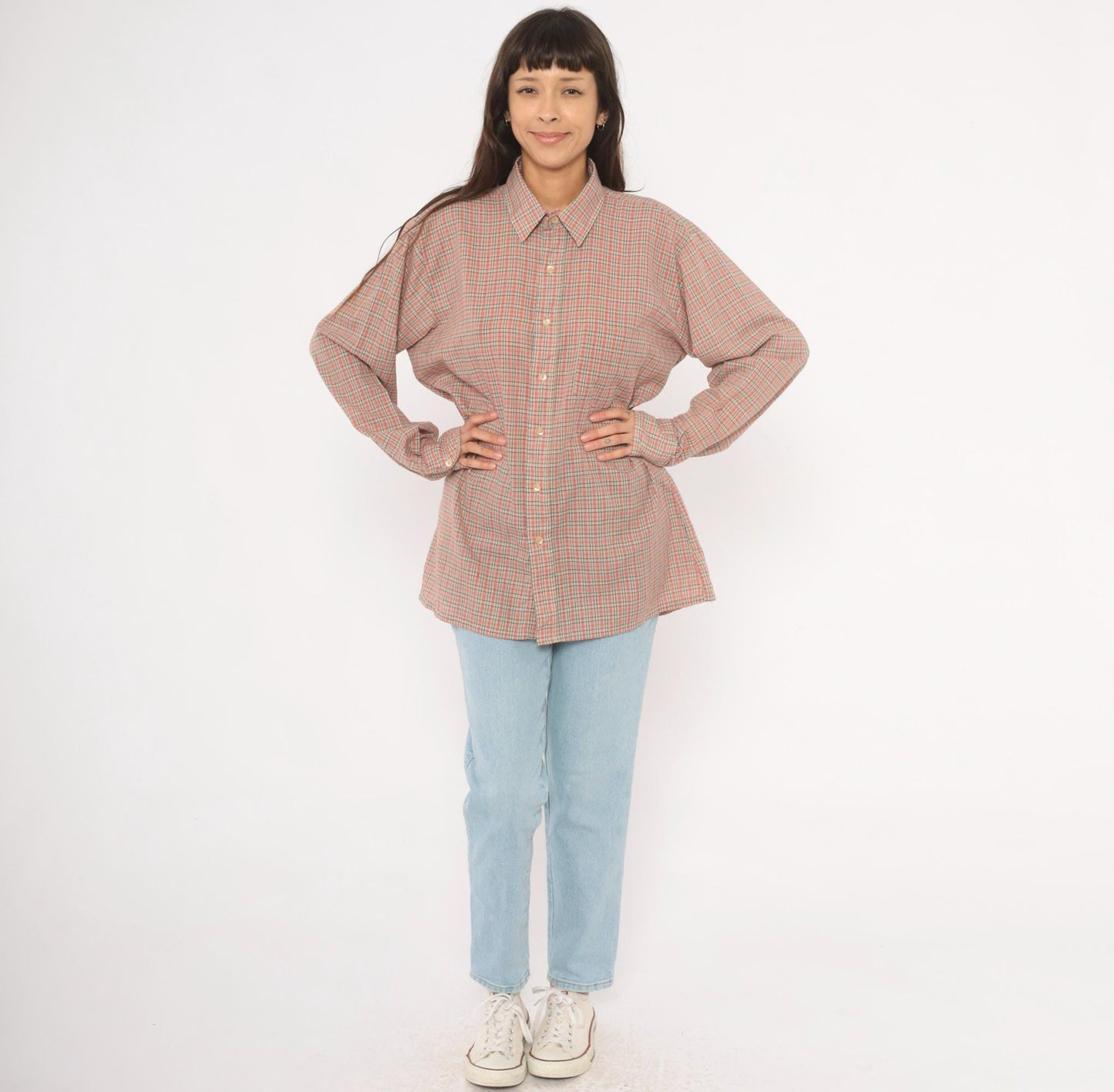90s Plaid Button-Up Shirt Red Green Tan Check Cotton Point Collar Medium M