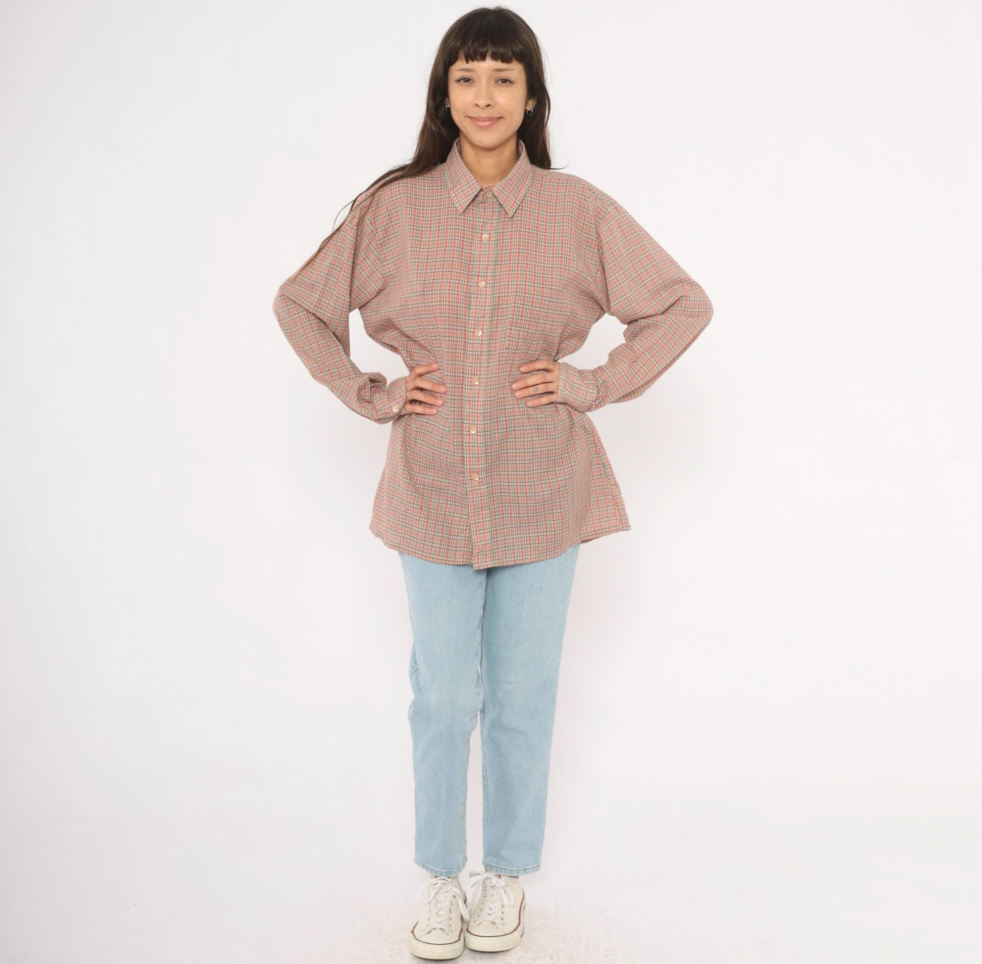 90s Plaid Button-Up Shirt Red Green Tan Check Cotton Point Collar Medium M