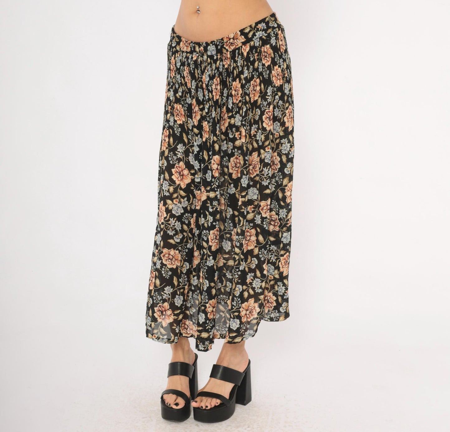 90s Sag Harbor Floral Maxi Skirt Black Peach Periwinkle Medium