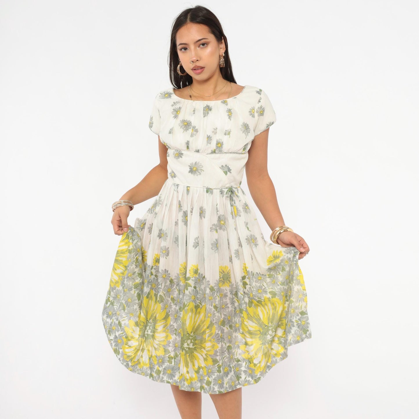 60s Daisy Print Fit And Flare Dress White Yellow Cotton Cap Sleeve Extra Small XS