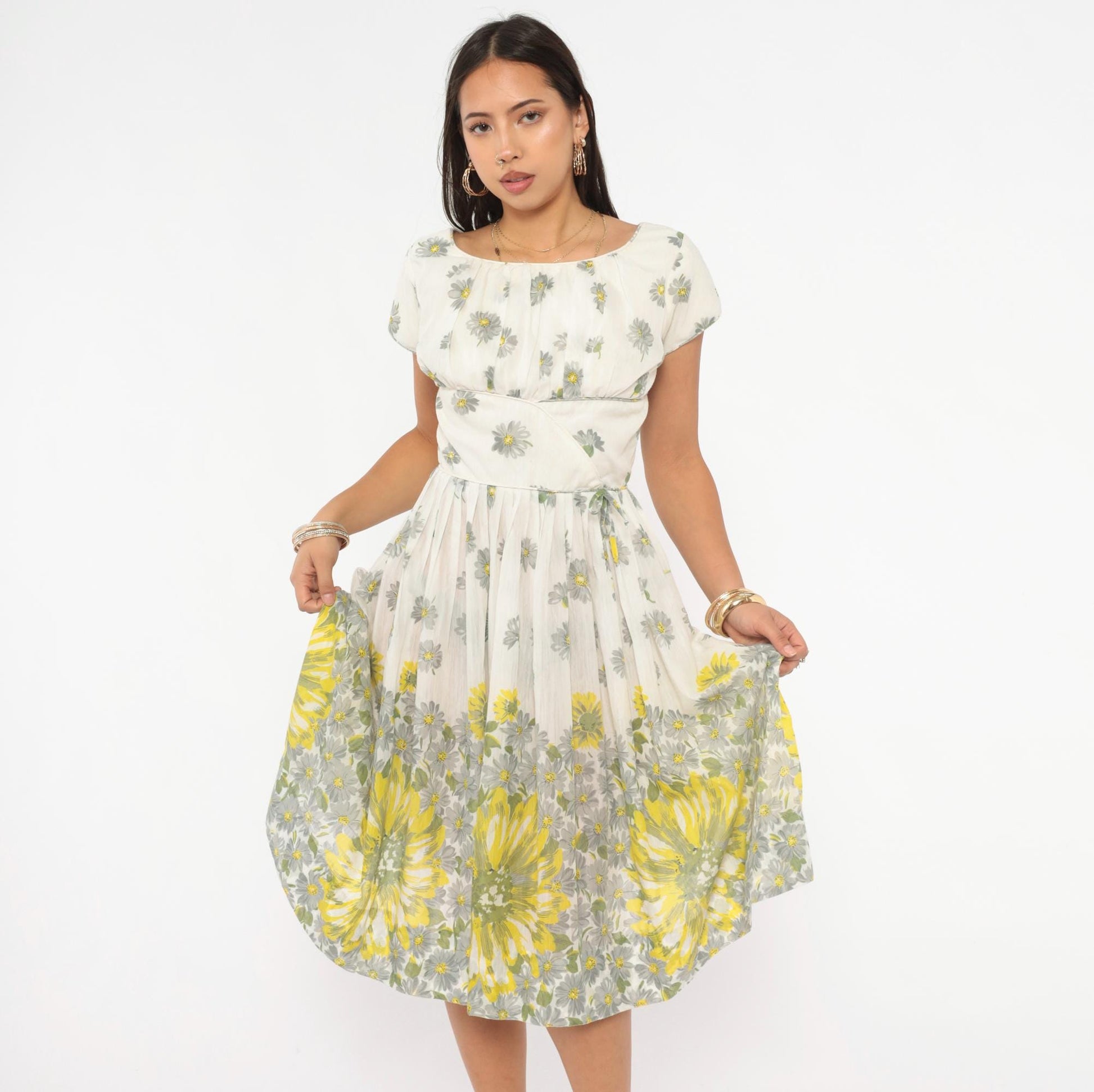 60s Daisy Print Fit And Flare Dress White Yellow Cotton Cap Sleeve Extra Small XS