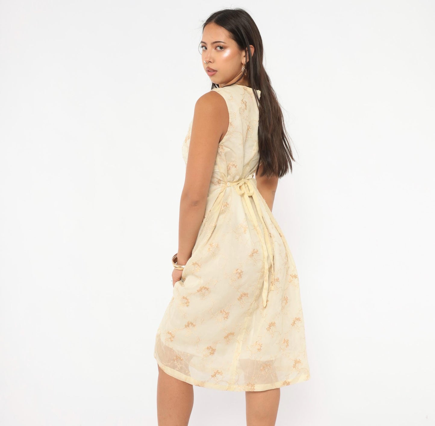 Y2K Nice Mommy Cream Organza Floral Embroidered Dress Gold Vine Knee Length Large L