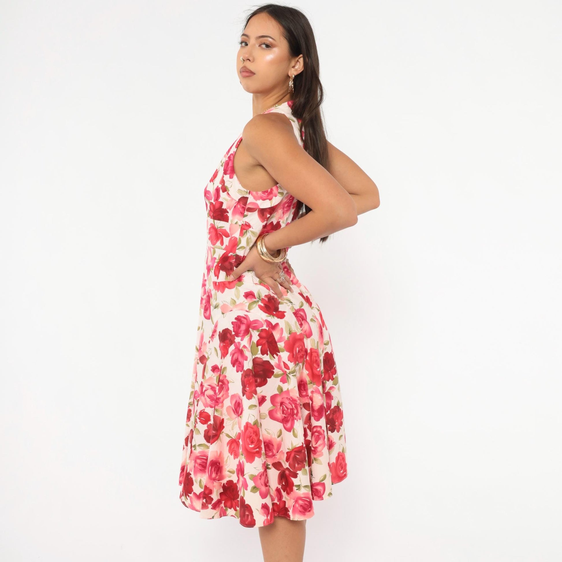Y2K Talbots Rose Floral Halter Dress Cream Pink Red Knee-Length Medium M