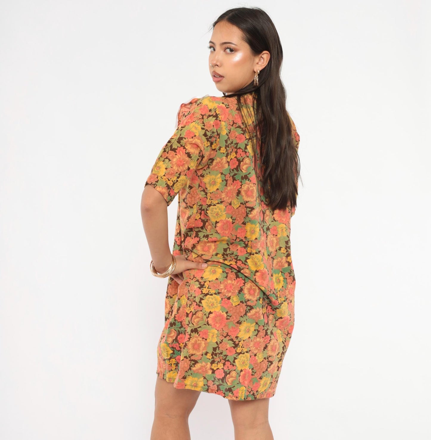 70s Floral Cotton Shift Dress Eyelet Lace Collar Brown Garden Print Mini Medium M