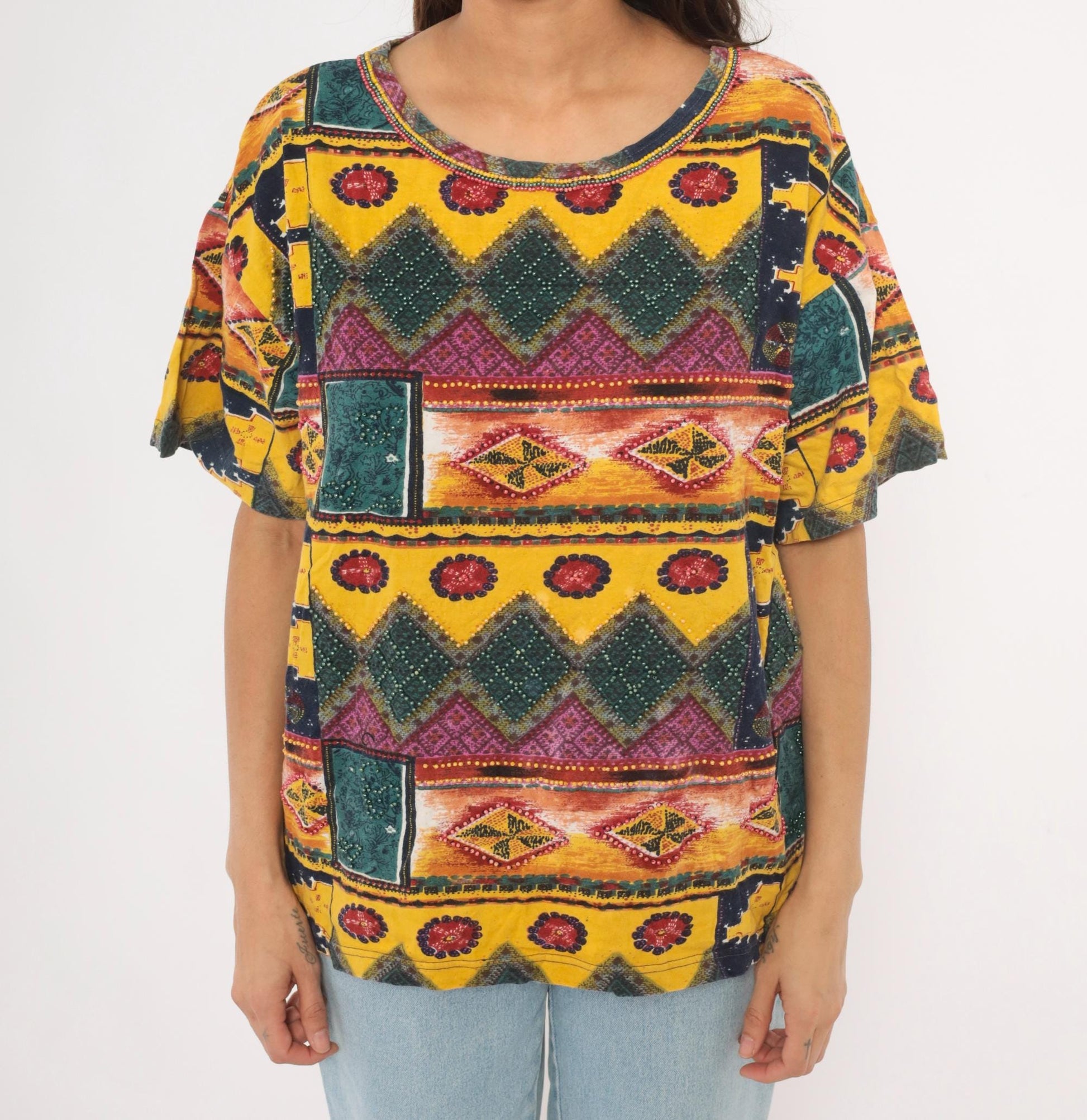 90s Gee J Southwestern Geometric Cotton Tee Multicolor Tribal Patchwork Large L