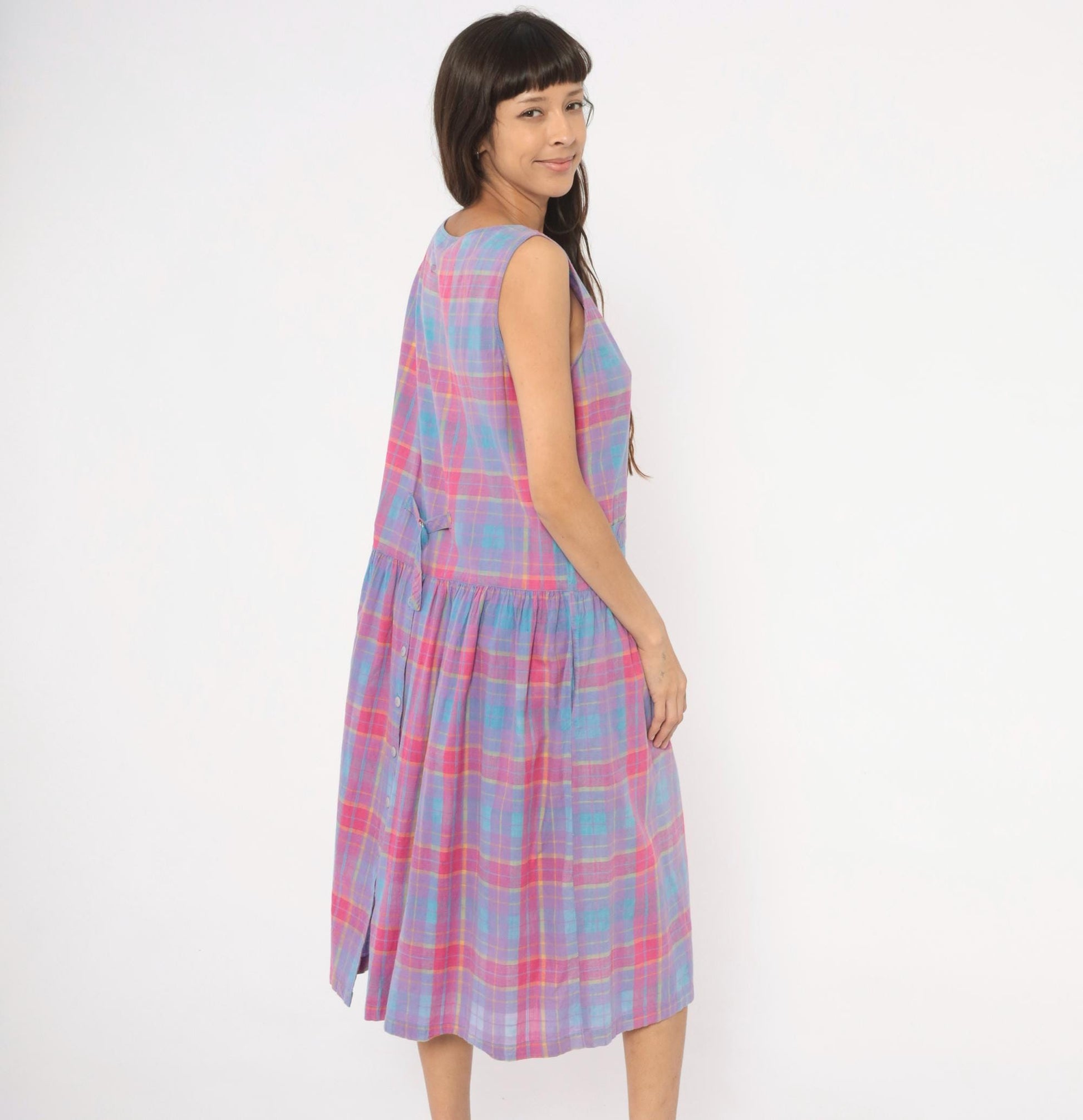 90s Victoria Plaid Cotton Midi Sundress Purple Pink Blue Large L