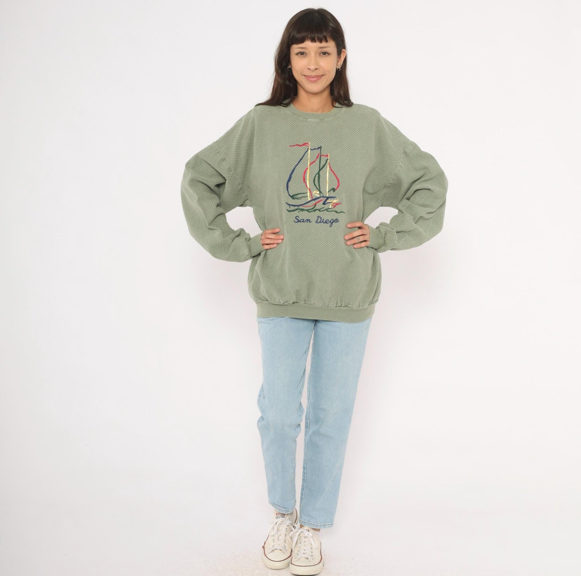 90s San Diego Sailboat Embroidered Waffle Knit Sweatshirt Olive Large L