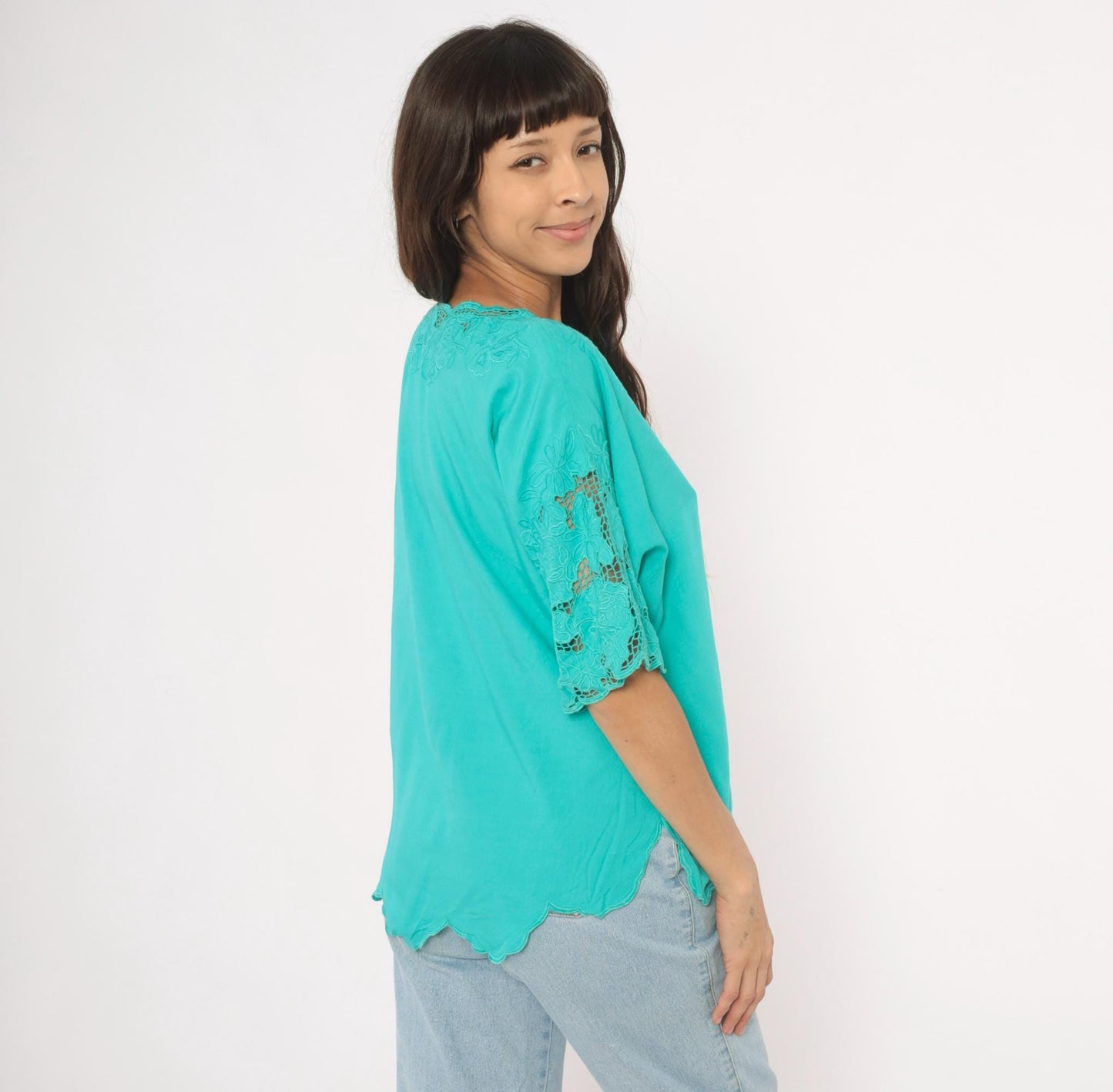 80s Bali Emerald Teal Cutwork Lace Blouse Floral Embroidered V-Neck