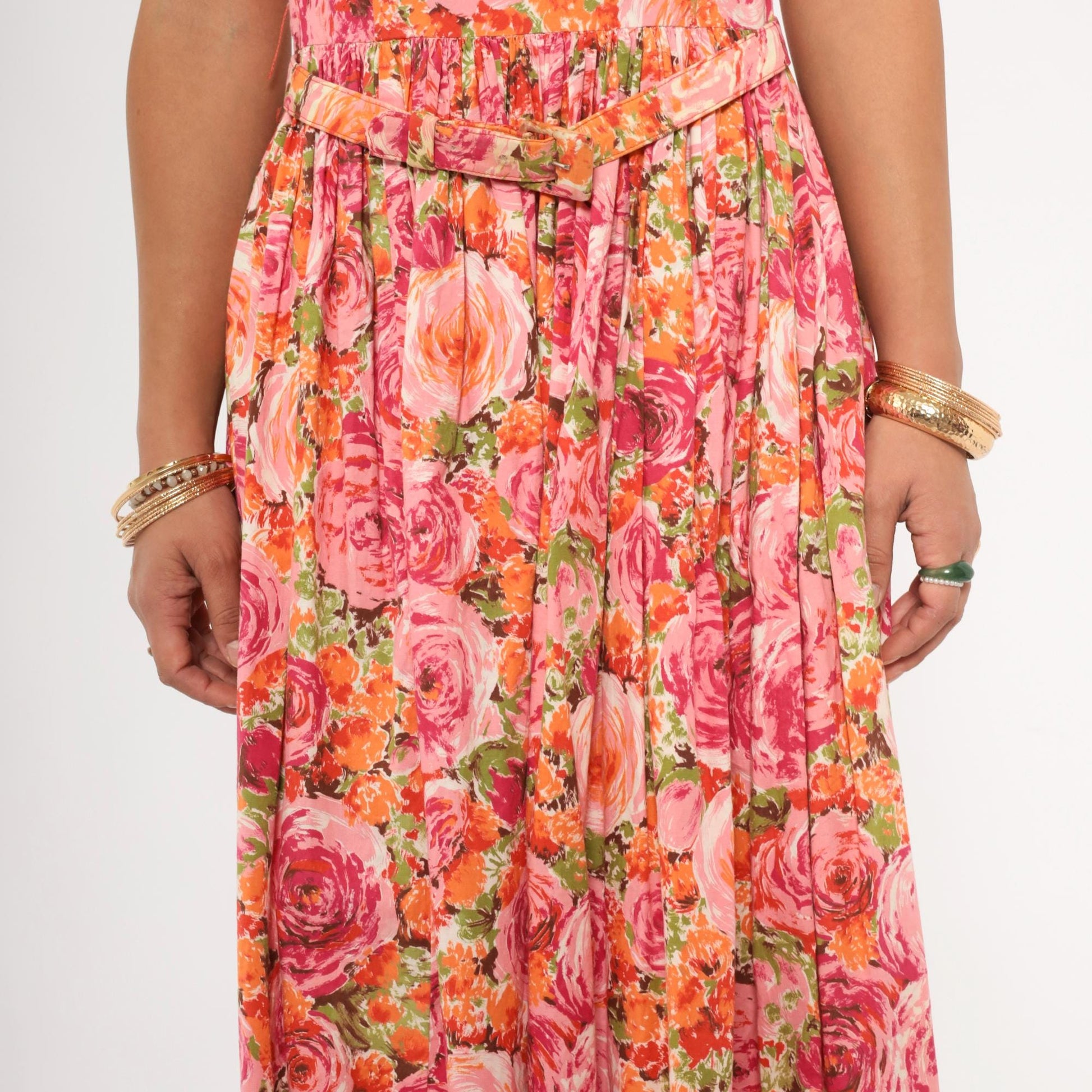 60s Kleinerts Rose Print Dress Pink Coral Floral Sleeveless Cotton Small