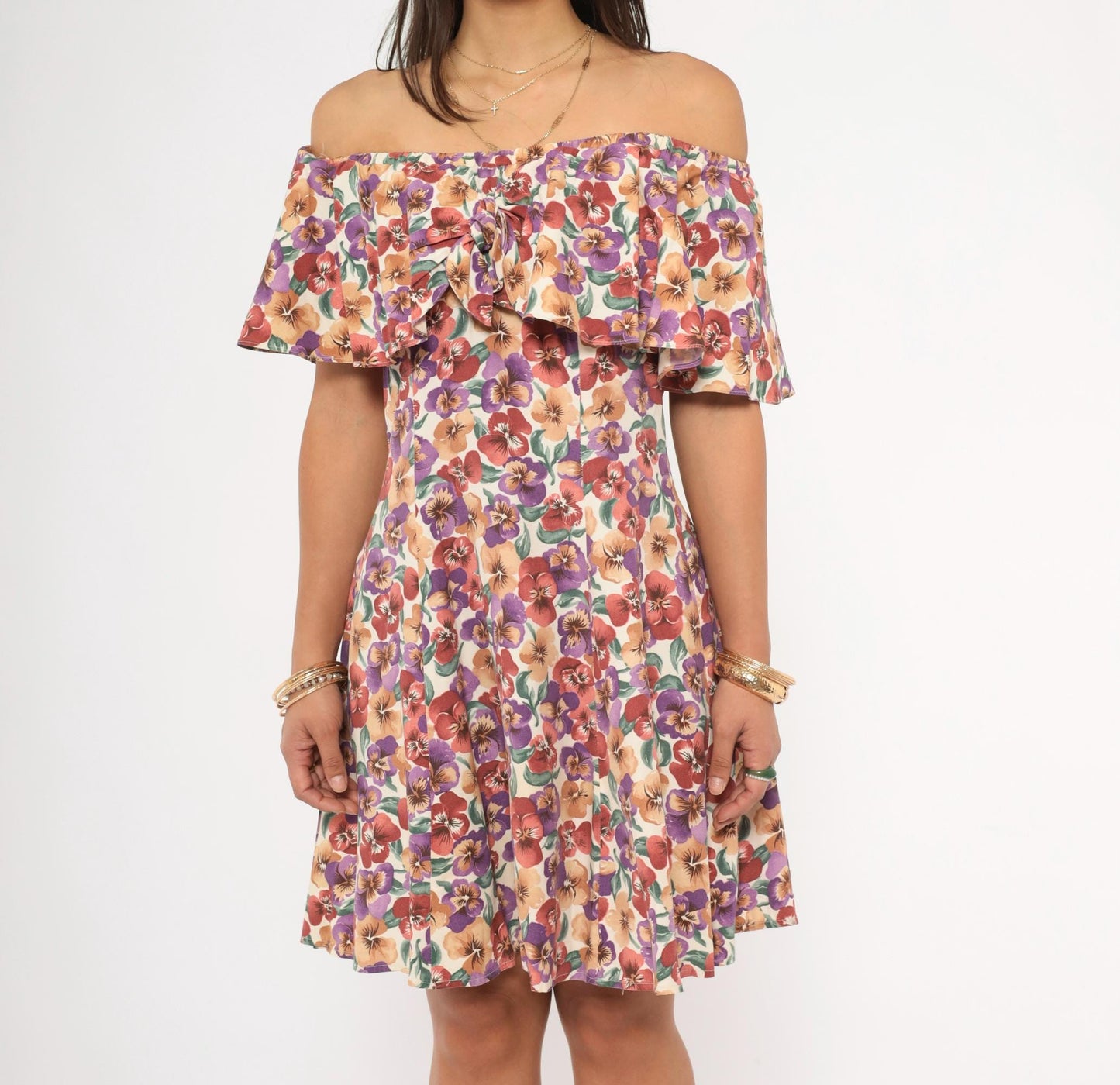 90s Rampage Pansy Floral Off-Shoulder Mini Dress Cream Small
