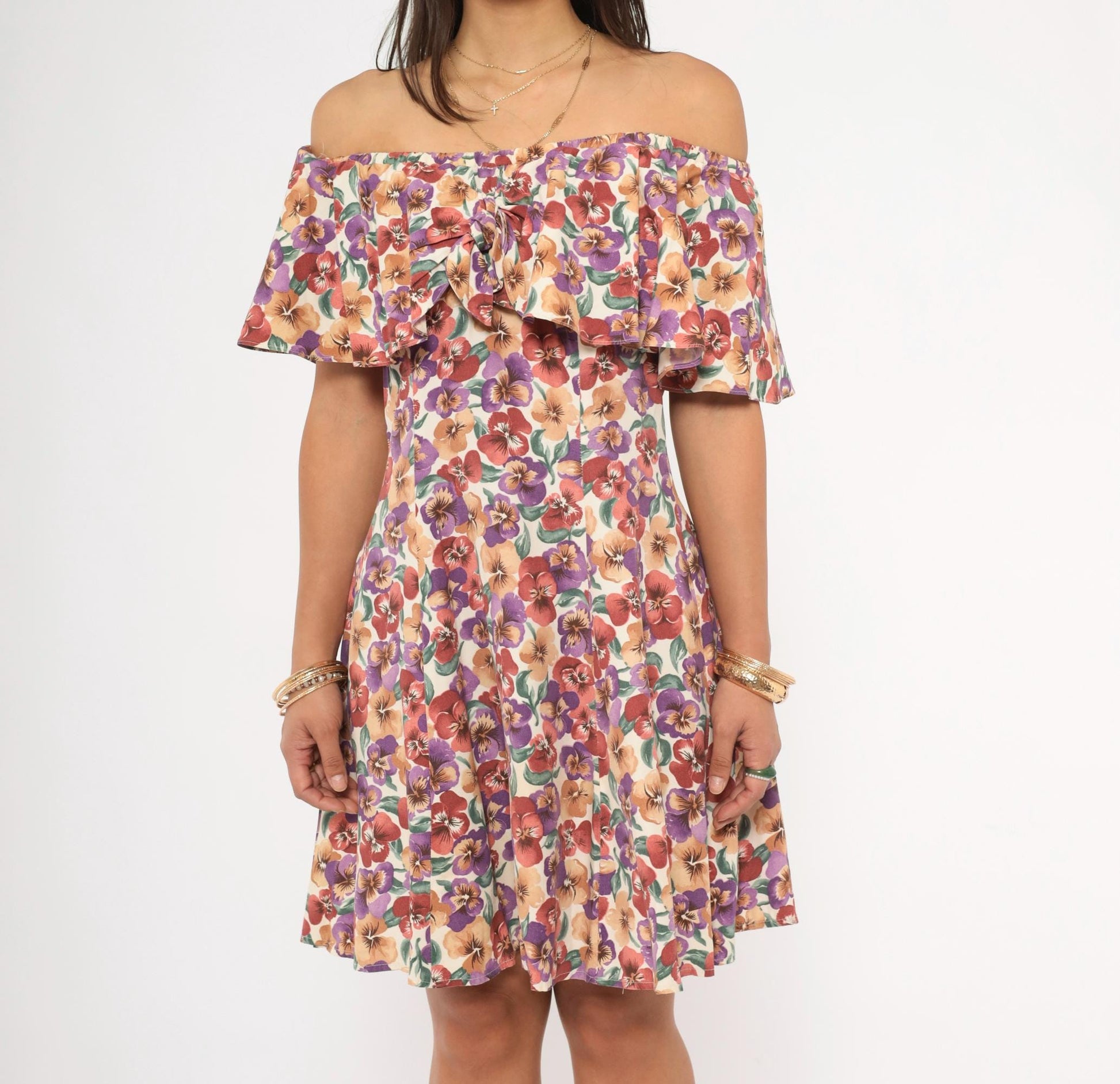 90s Rampage Pansy Floral Off-Shoulder Mini Dress Cream Small