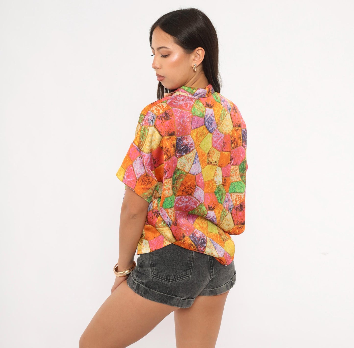 2000s Mosaic Stained Glass Camp Collar Shirt Geometric Blouse Large L
