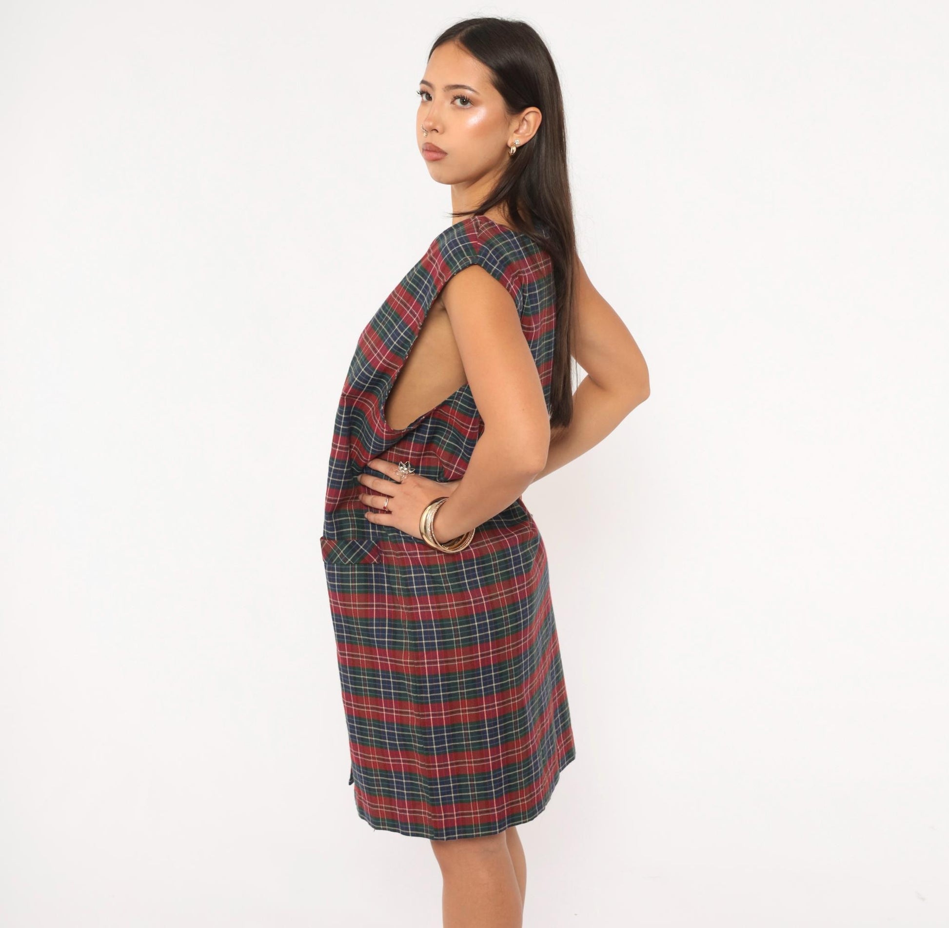 90s Baxter Wells Plaid Jumper Dress Navy Red Green Tartan Knee-Length Large L