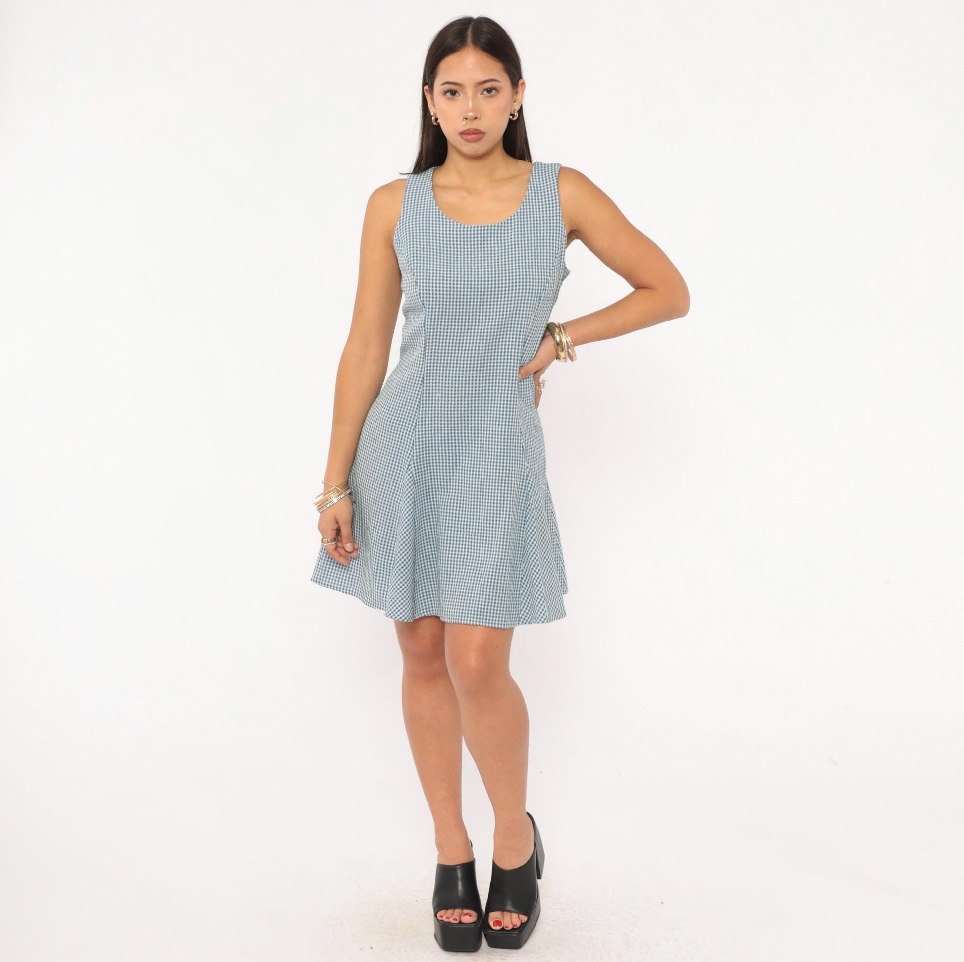 90s Especially Yours Gingham Mini Dress Blue White Lace-Up Back Medium