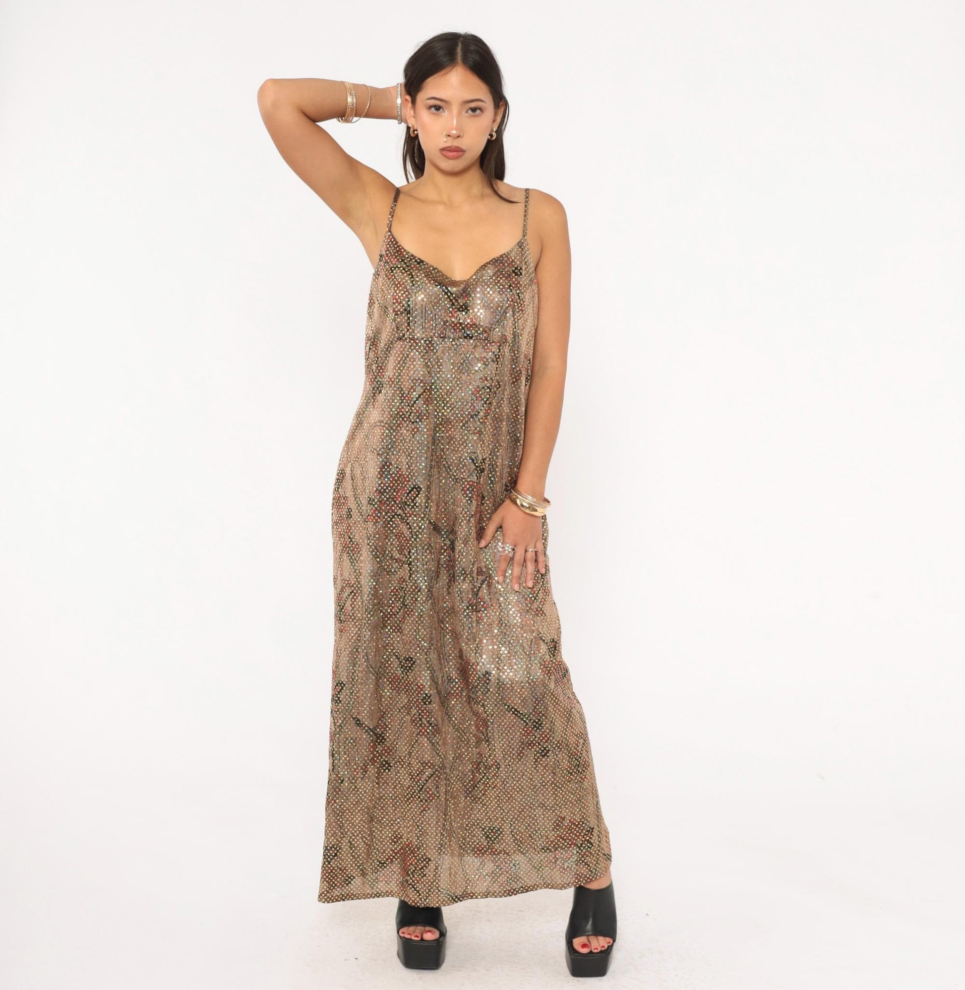 90s Metallic Shimmer Maxi Slip Dress Tan Burgundy Floral Gold Spaghetti Strap Large L