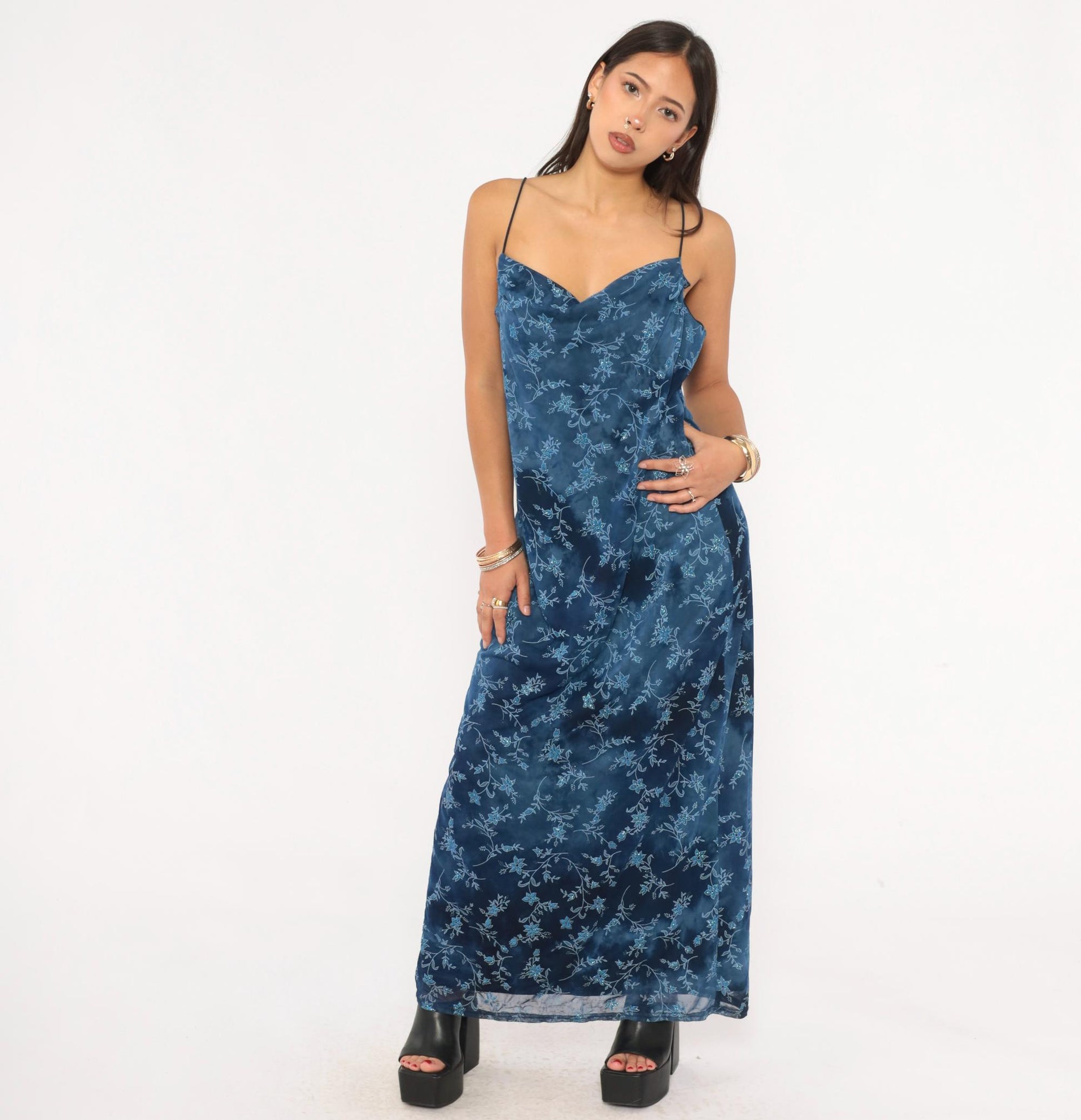 90s Jodi Michaels Navy Floral Maxi Slip Dress Glitter Sweetheart Neckline Large L