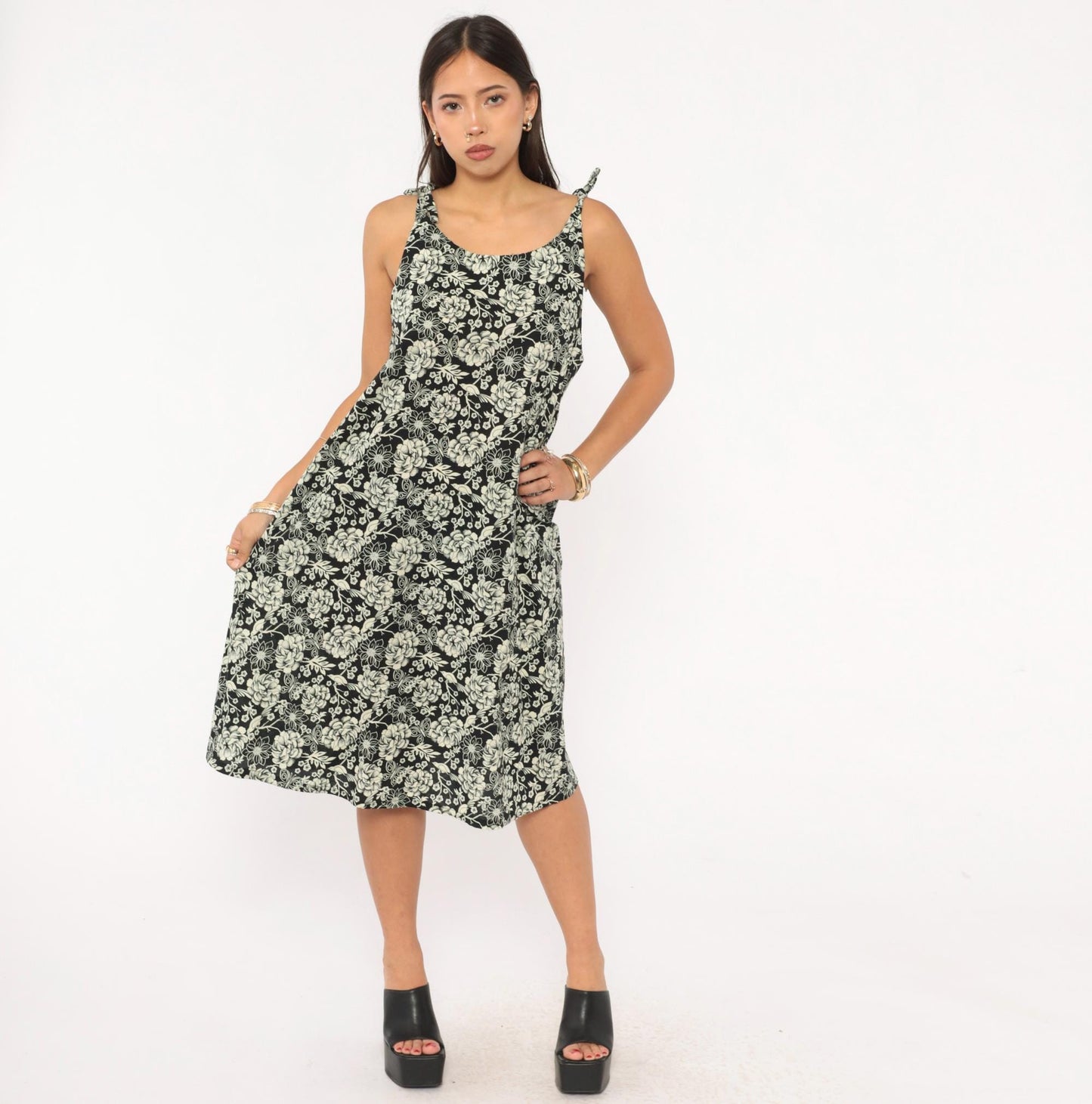 80s Floral Bird Print Sundress Black Cream Tie Shoulder A-Line Knee Length Medium M