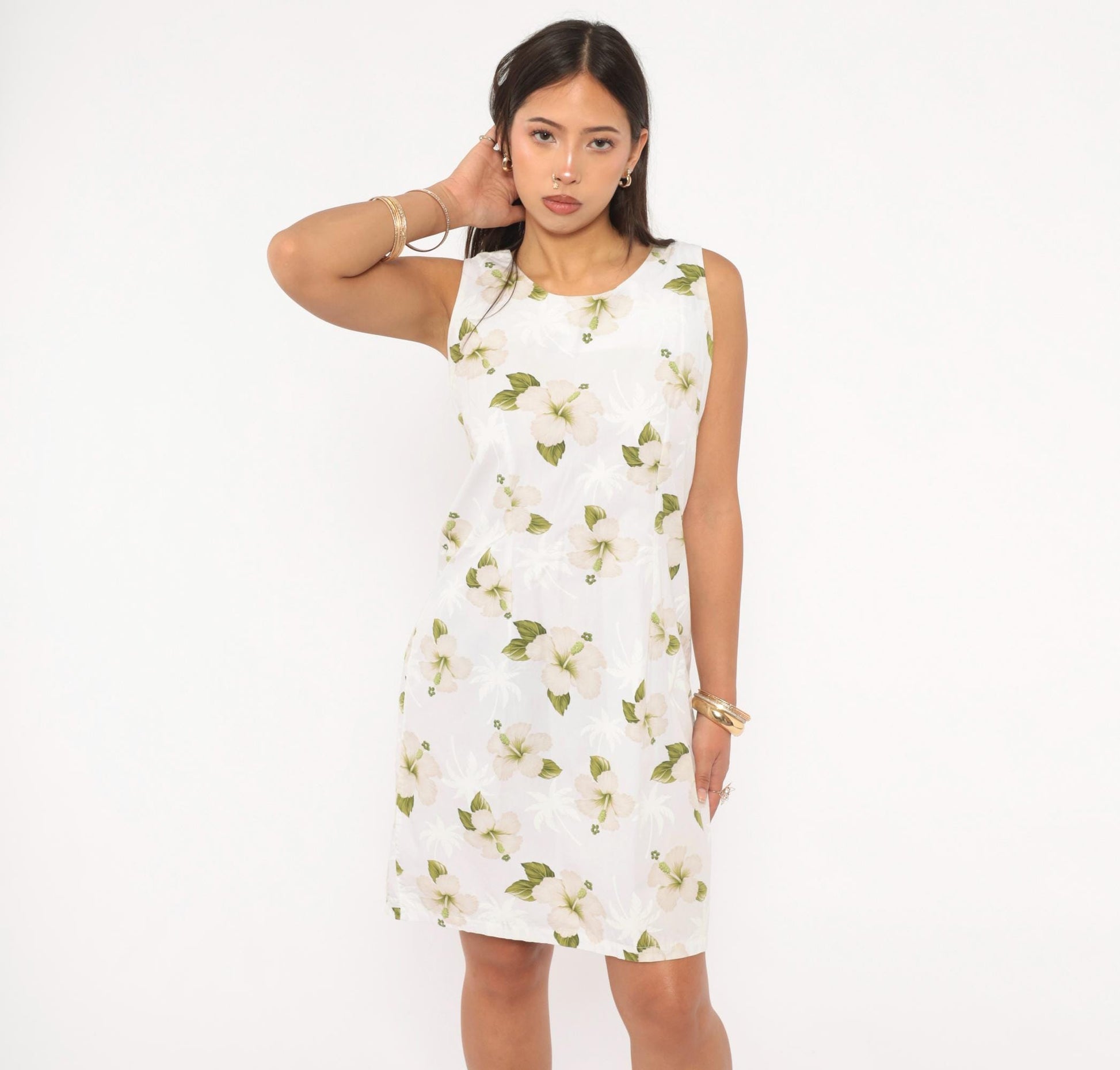 90s Pacific Legend Hawaiian Hibiscus Sundress White Cotton Knee-Length Small
