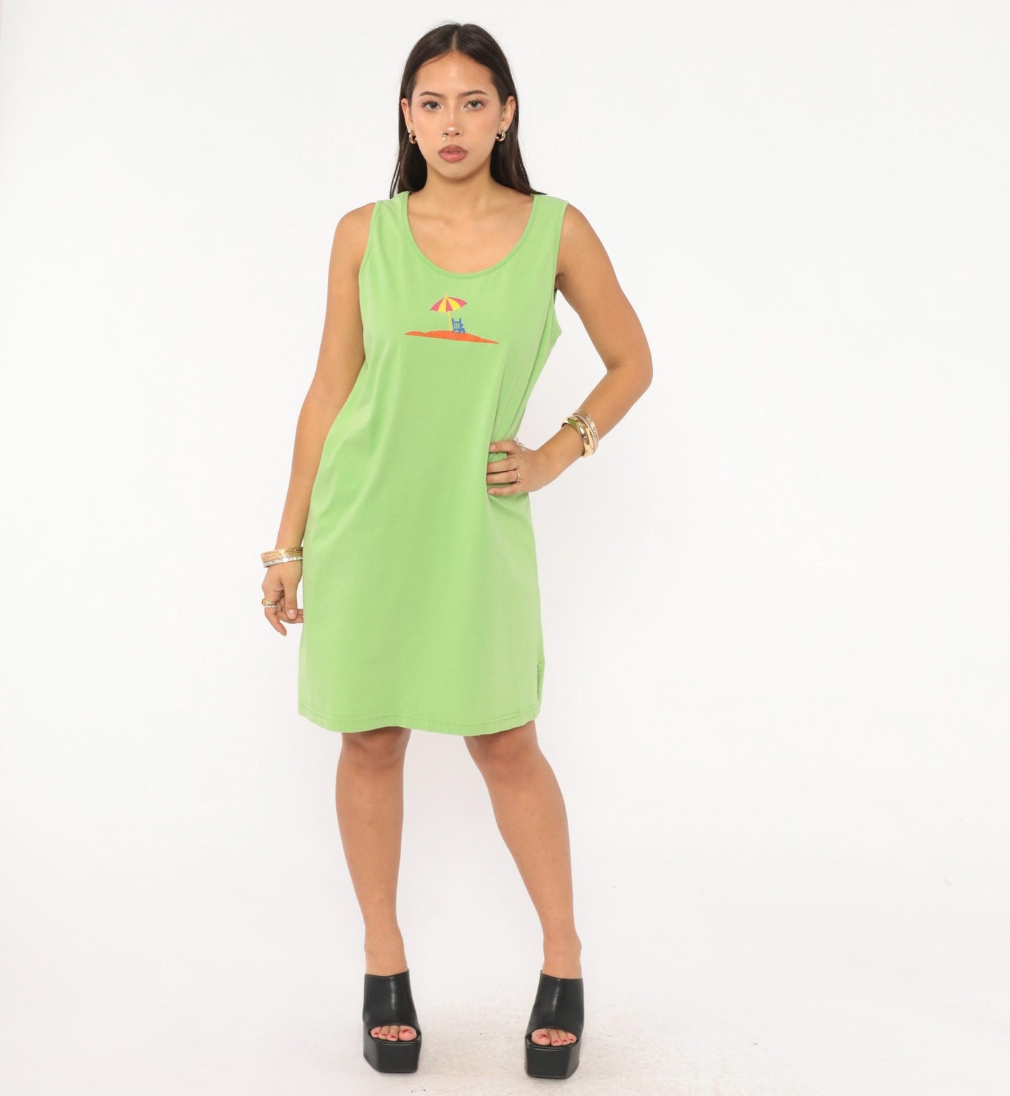 90s Jennifer Moore Beach Umbrella Tank Dress Sage Green Cotton Large L