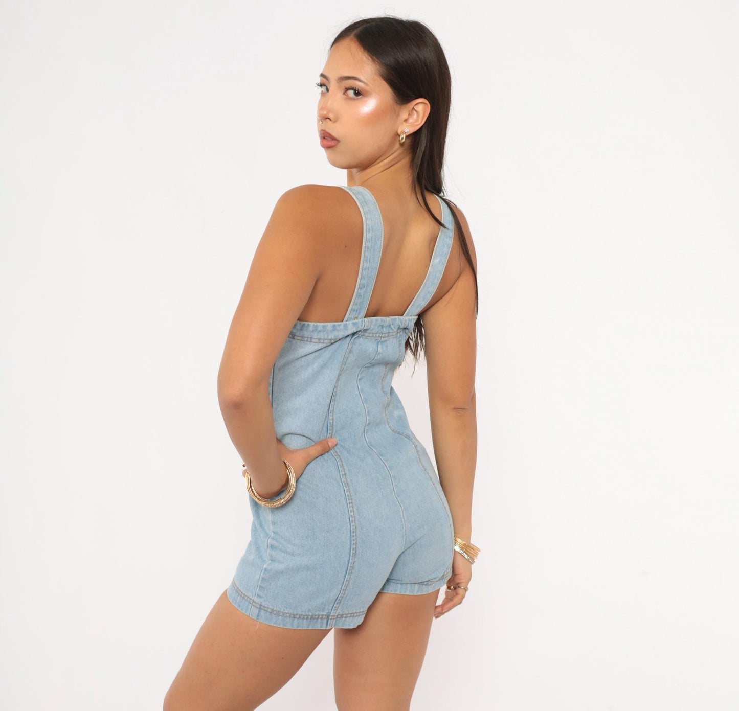 90s Pottery Denim Mini Romper Light Wash Sweetheart Neckline Extra Small XS